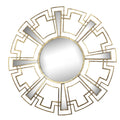 Round Sunburst Wall Mirror With Geometric Design Metal Frame, Gold Gold Iron