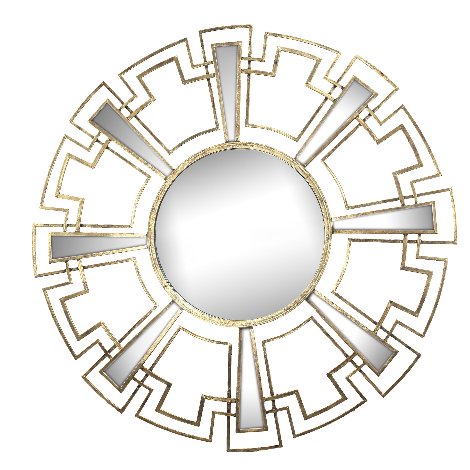 Round Sunburst Wall Mirror With Geometric Design Metal Frame, Gold Gold Iron