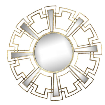 Round Sunburst Wall Mirror With Geometric Design Metal Frame, Gold Gold Iron