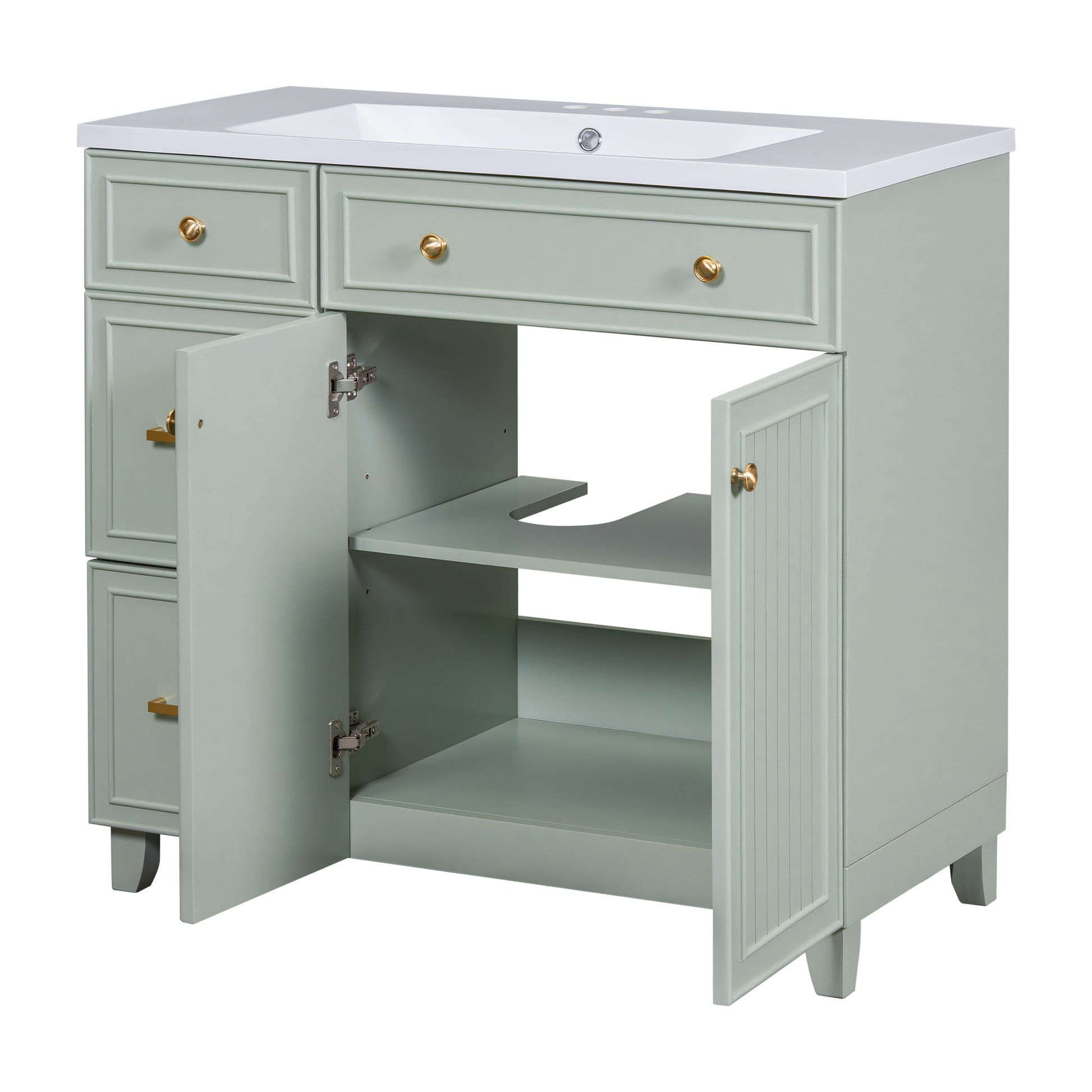 36 Inch Bathroom Vanity, Transitional Style Bathroom Cabinet With Resin Sink, Green Single Bathroom Cabinet, With 2 Drawers And 1 Adjustable Storage Shelf, 2 Soft Close Doors Green Bathroom Solid Wood Mdf Resin