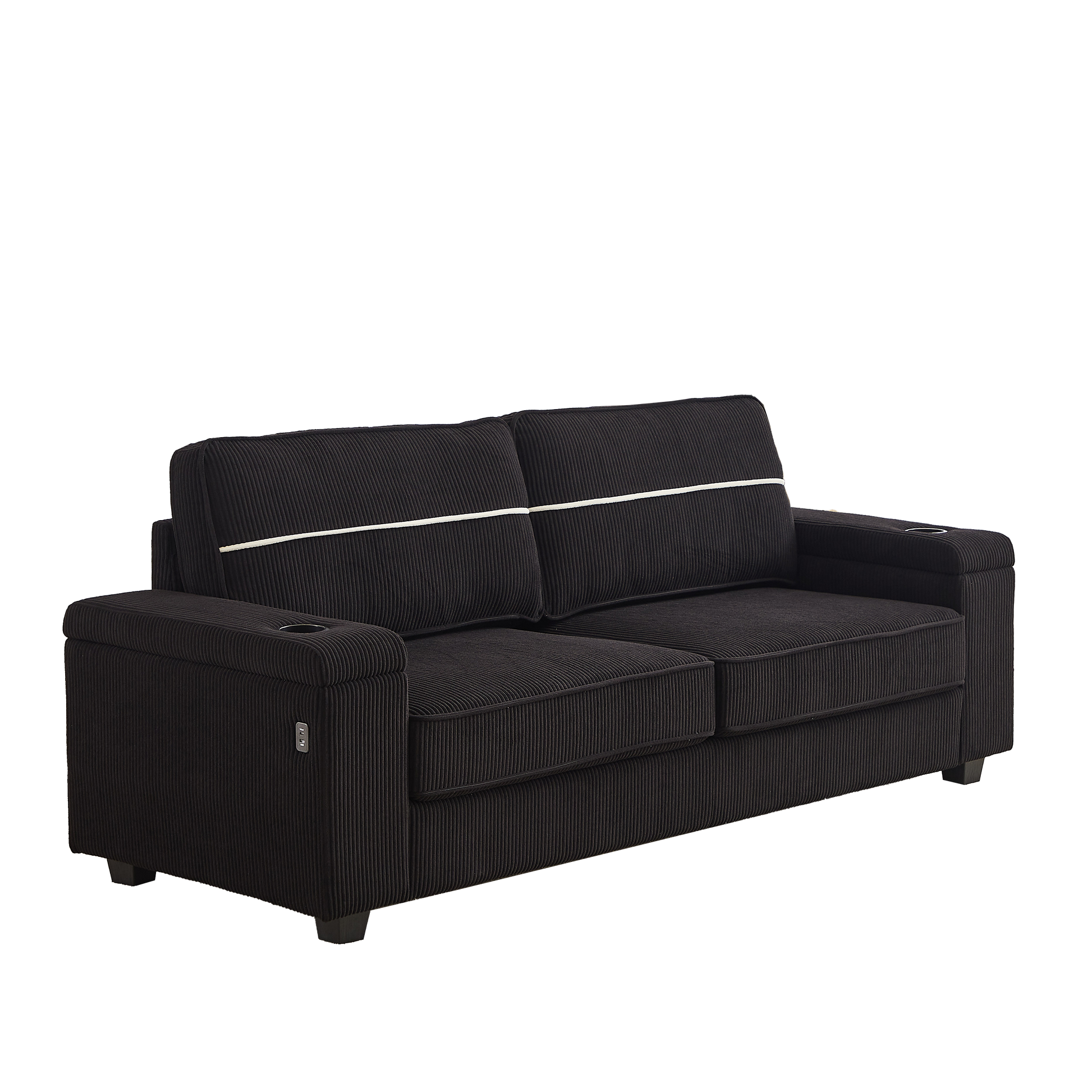 86.5 Inch Sofa Couch Deep Seat Sofa With Two Storage Spaces, T Pyce Charging Portsusb Charging Ports & 2 Cup ,Corduroy 3 Seater Couch, Modern Sofas For Living Room Black Foam Corduroy 3 Seat
