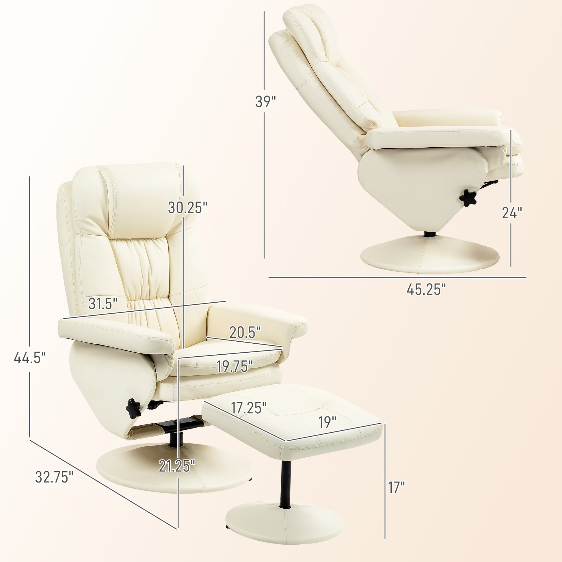 Homcom Swivel Recliner With Ottoman, Pu Leather Reclining Chair With Ottoman, Upholstered Recliner And Footrest With Wrapped Base For Living Room, Bedroom And Home Office, Cream White Cream White Faux Leather