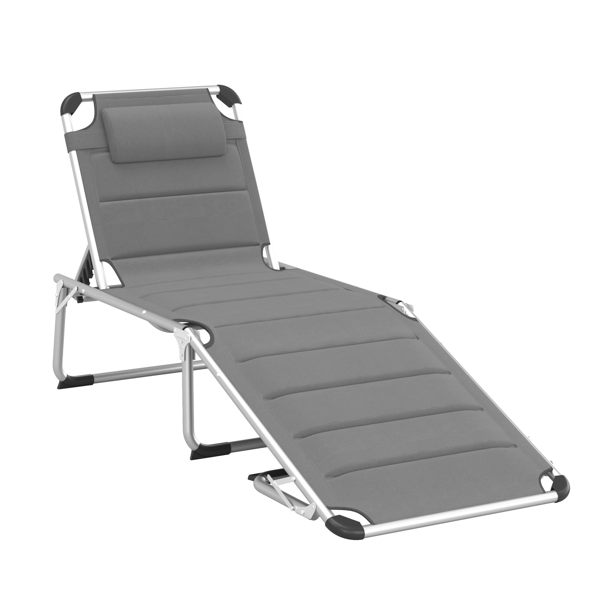 Outsunny Foldable Outdoor Chaise Lounge Chair, 5 Level Reclining Camping Tanning Chair With Aluminum Frame, Padding, And Headrest For Beach, Yard, Patio, Pool, Gray Gray Aluminium