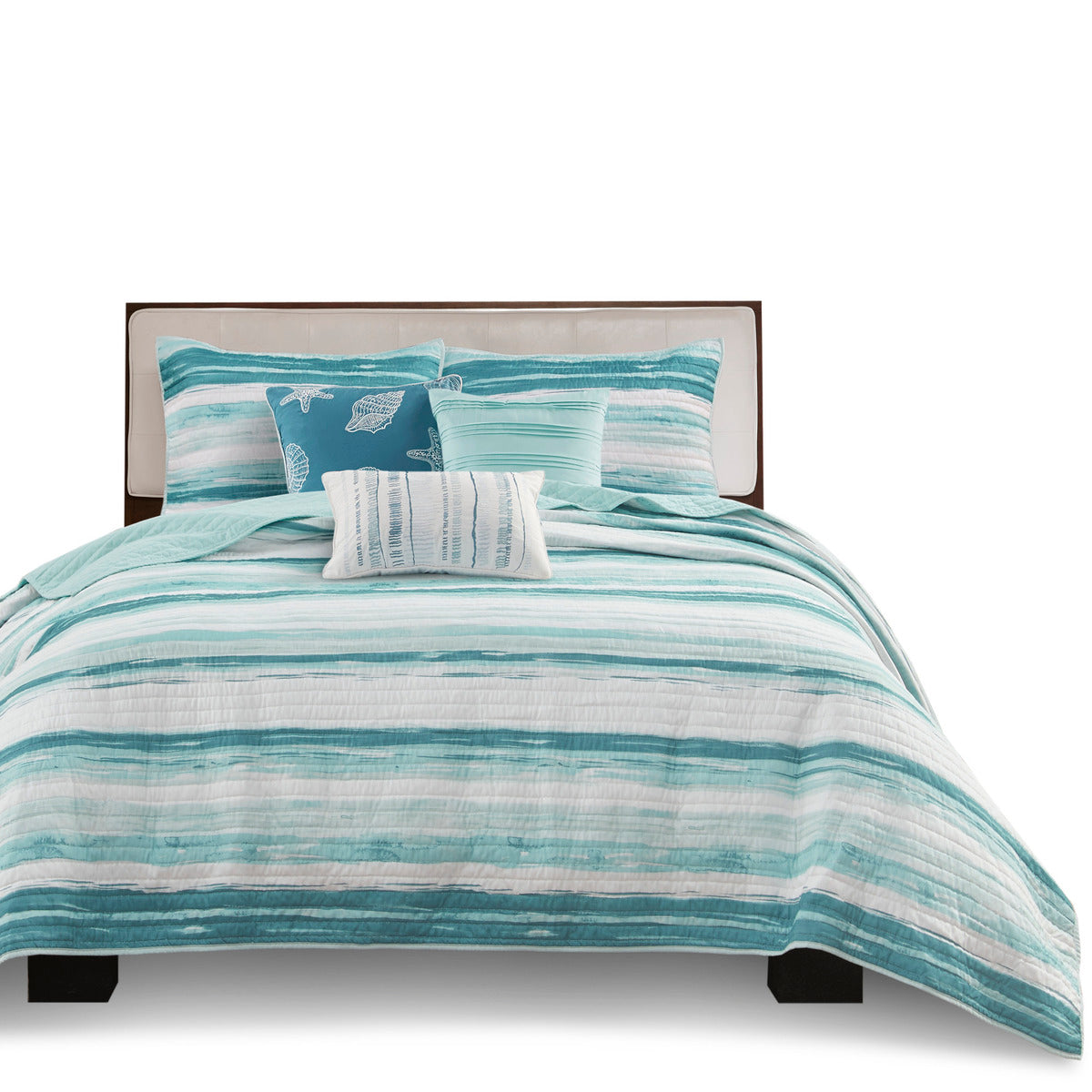 6 Piece Printed Quilt Set With Throw Pillows Aqua Full Queen Full Aqua Cotton