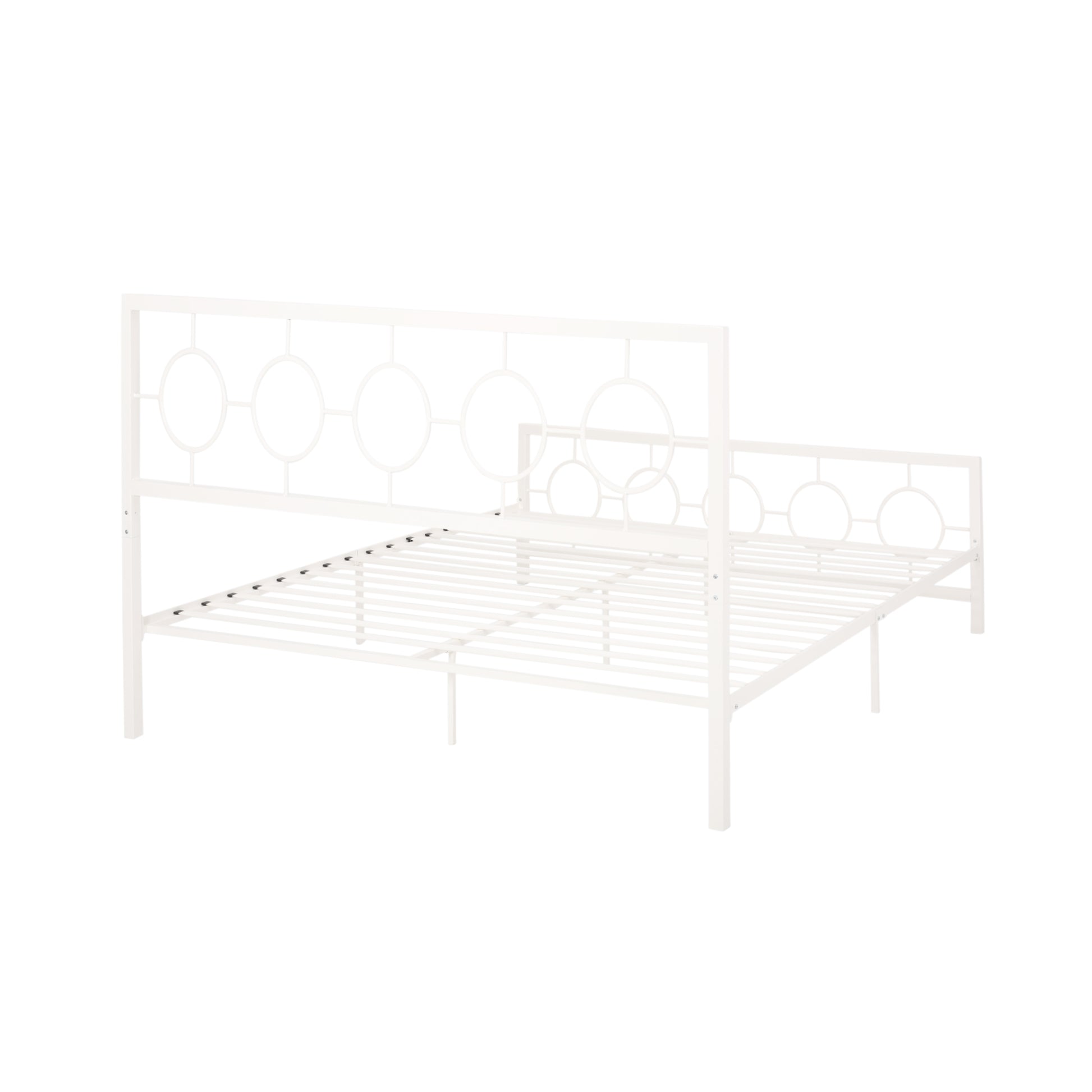 King Size Classical Metal Bed Frame With Circular Design Headboard And Footboard, Under Bed Space, White King White Iron