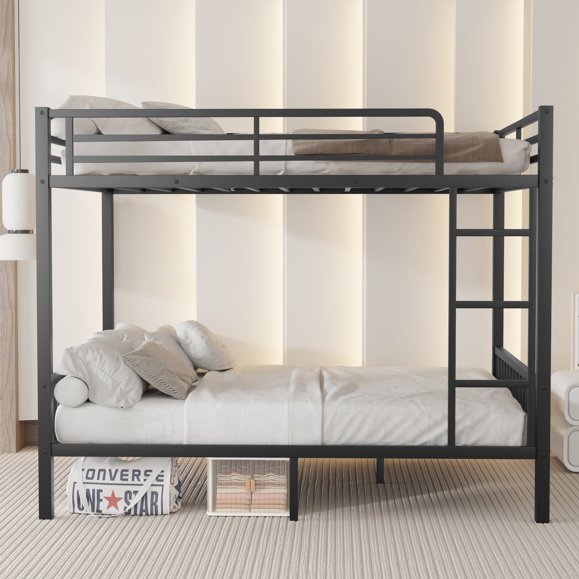 Queen Over Queen Metal Bunk Bed With Ladder And Slats Support For Adults Teens, Black Box Spring Not Required Queen Black Metal Bunk Metal