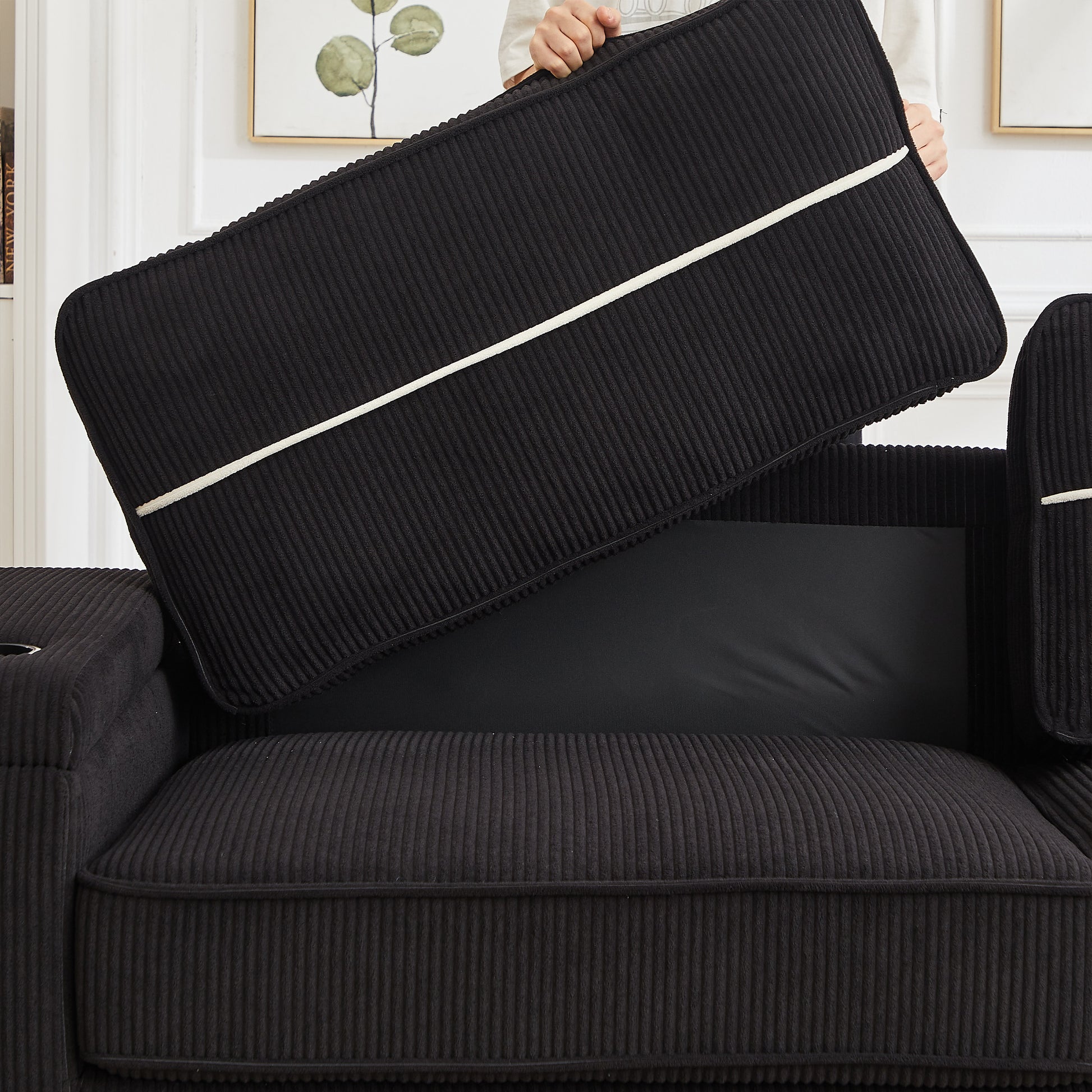 86.5 Inch Sofa Couch Deep Seat Sofa With Two Storage Spaces, T Pyce Charging Portsusb Charging Ports & 2 Cup ,Corduroy 3 Seater Couch, Modern Sofas For Living Room Black Foam Corduroy 3 Seat