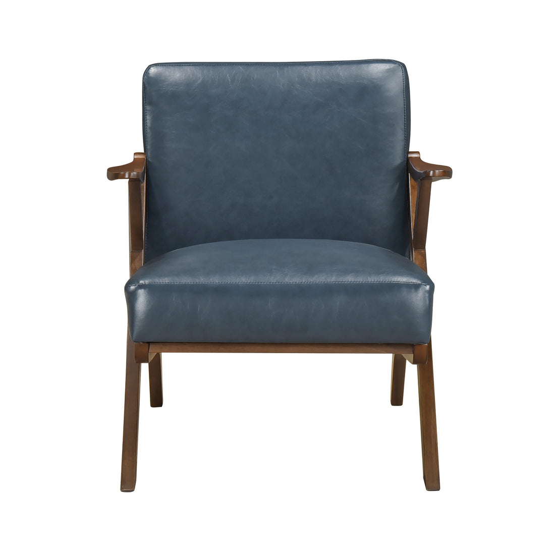Brown Finish Solid Rubberwood Frame 1Pc Accent Chair Blue Faux Leather Upholstery Living Room Furniture Blue,Brown Primary Living Space Rubberwood Solid Wood