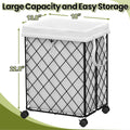 Laundry Basket With Wheels, Rolling Laundry Hamper, Detachable And Washable Lining, Metal Frame, Suitable For Bedrooms, Bathrooms, Laundry Rooms, White White Black 1 Foldable Freestanding Boho