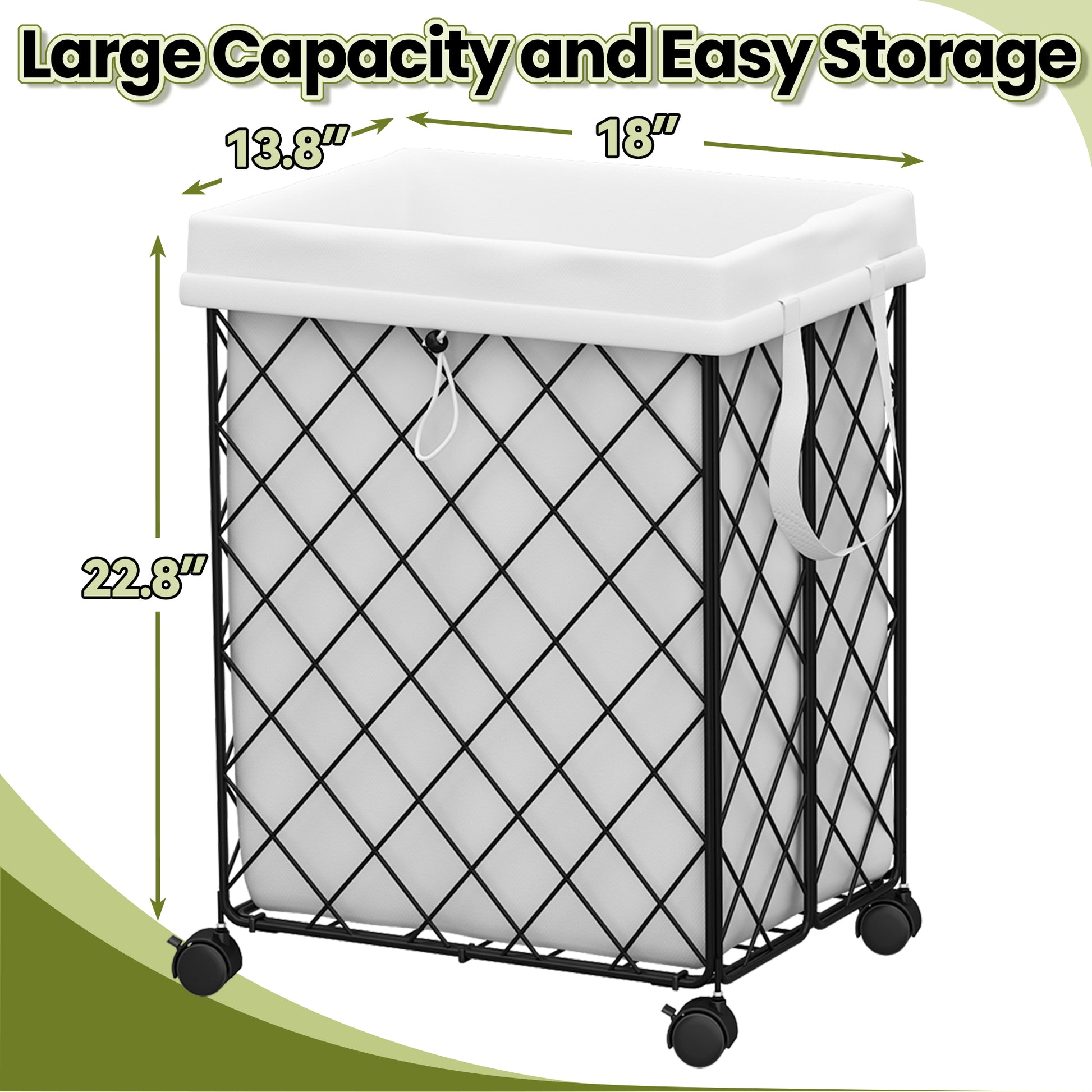 Laundry Basket With Wheels, Rolling Laundry Hamper, Detachable And Washable Lining, Metal Frame, Suitable For Bedrooms, Bathrooms, Laundry Rooms, White White Black 1 Foldable Freestanding Boho