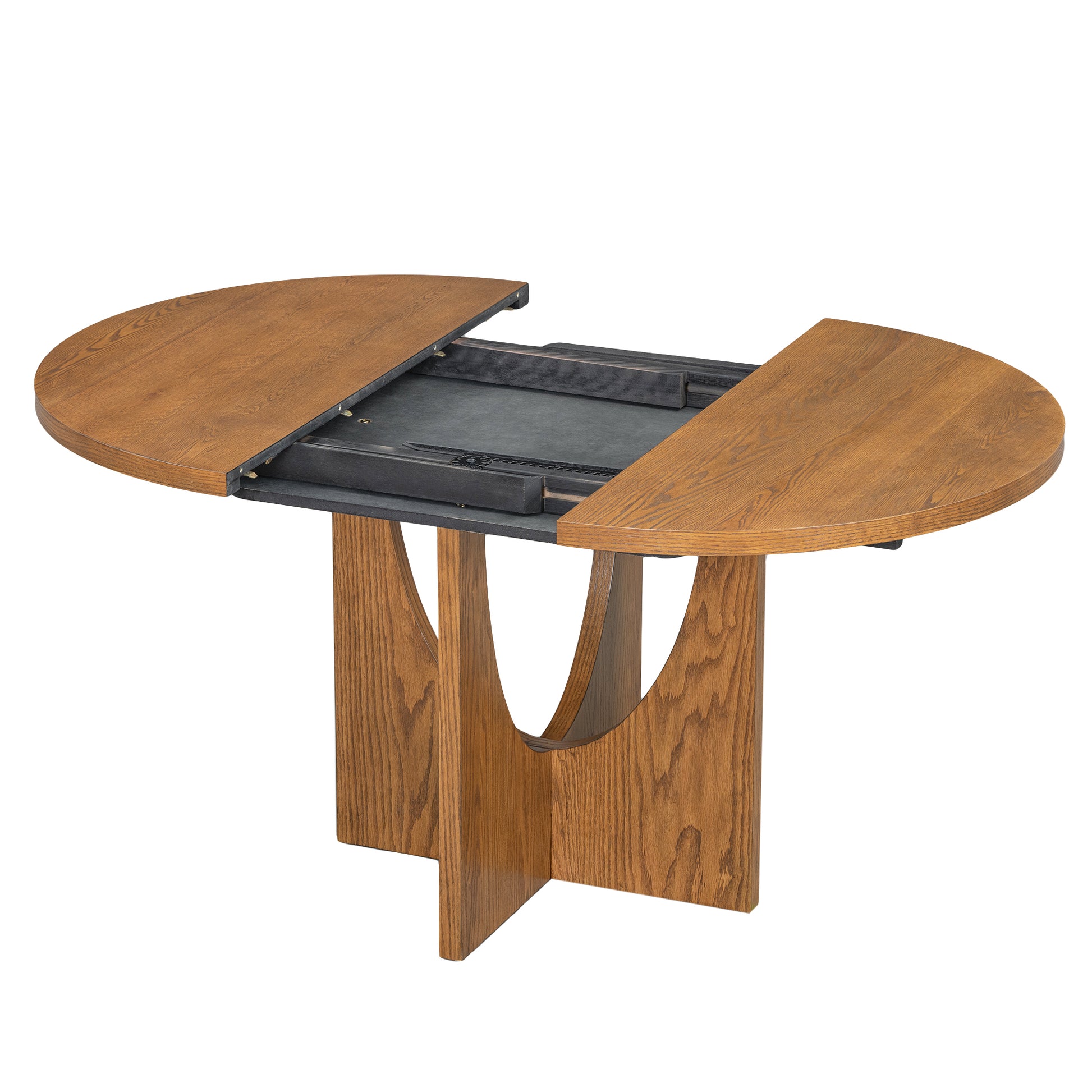 Modern 5 Piece Extendable Round Dining Table Set With 16.2Inch Removable Leaf For Small Places, Walnut Beige Wood Dining Room Solid Wood Rubberwood Round Dining Table With Chair Upholstered Chair Wood Walnut Seats 4 Removable Leaf Contemporary Round