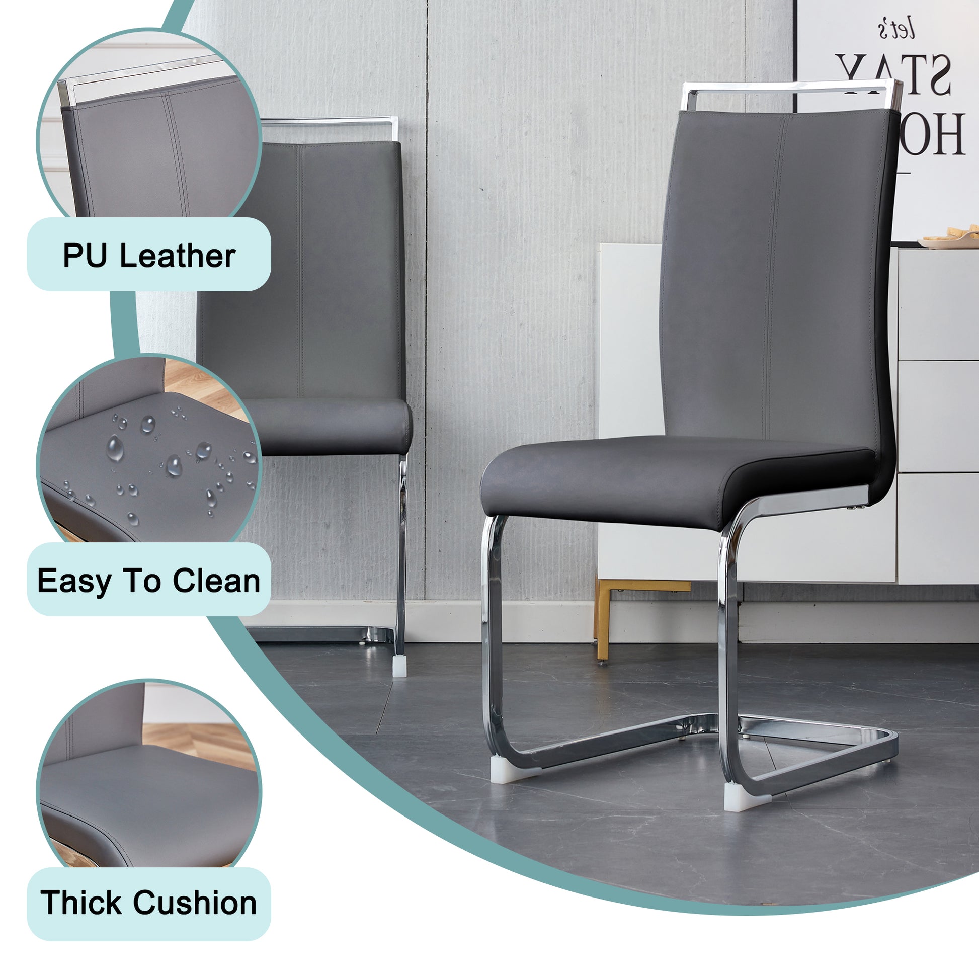 Table And Chair Set. Large Modern Rectangular Table With Glass Top And Silver Metal Legs. Furnished With Soft And Comfortable Pu Chairs With Faux Leather Upholstered Seats And Silver Metal Legs. Gray Silver Seats 6 Glass Metal