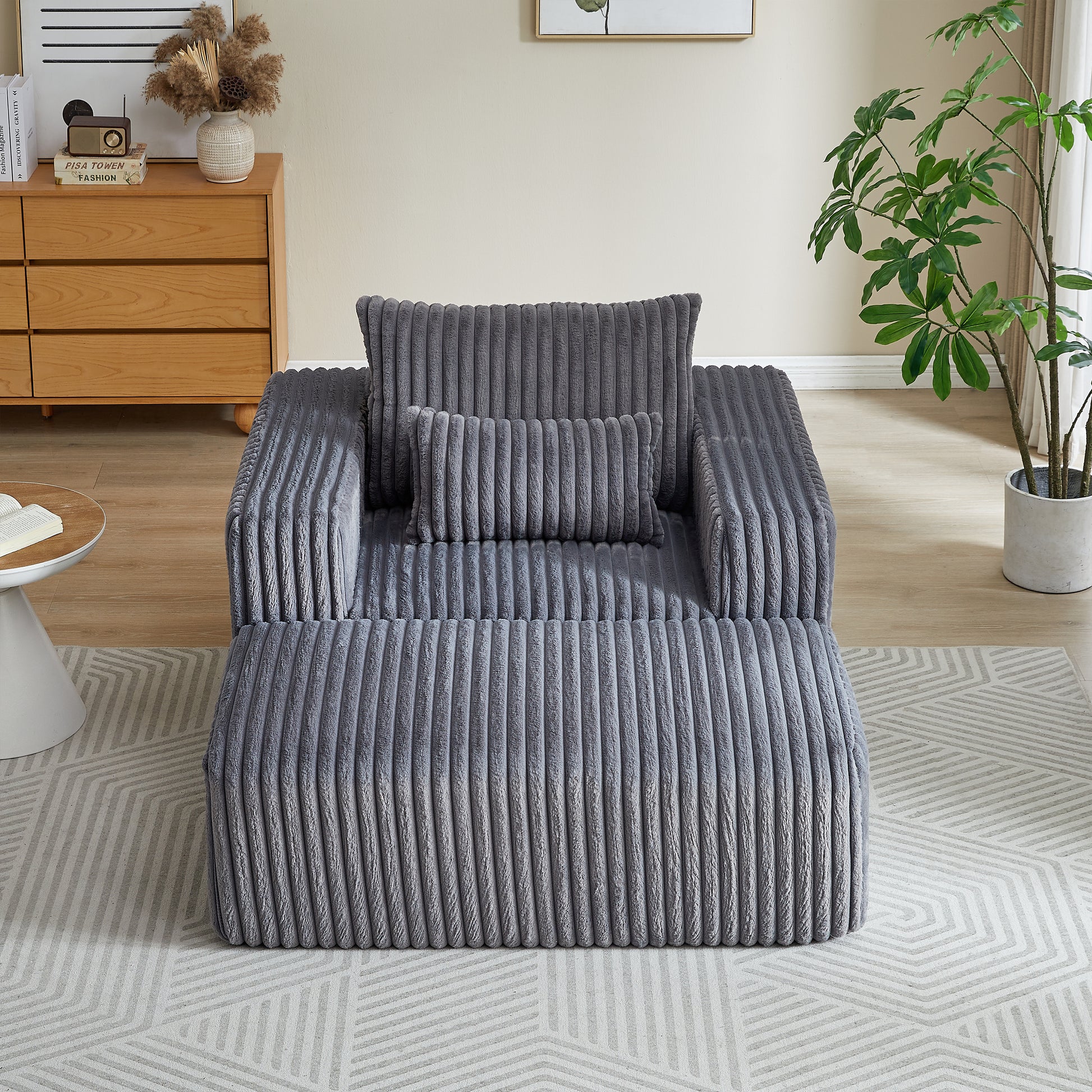 62.5 Inch Corduroy Sponge Sofa Lounge Chair With Removable Footrest,No Assembly Required,Fluffy Modern Sleeper Chair For Indoor Living Room Bedroom Grey Foam Corduroy 1 Seat