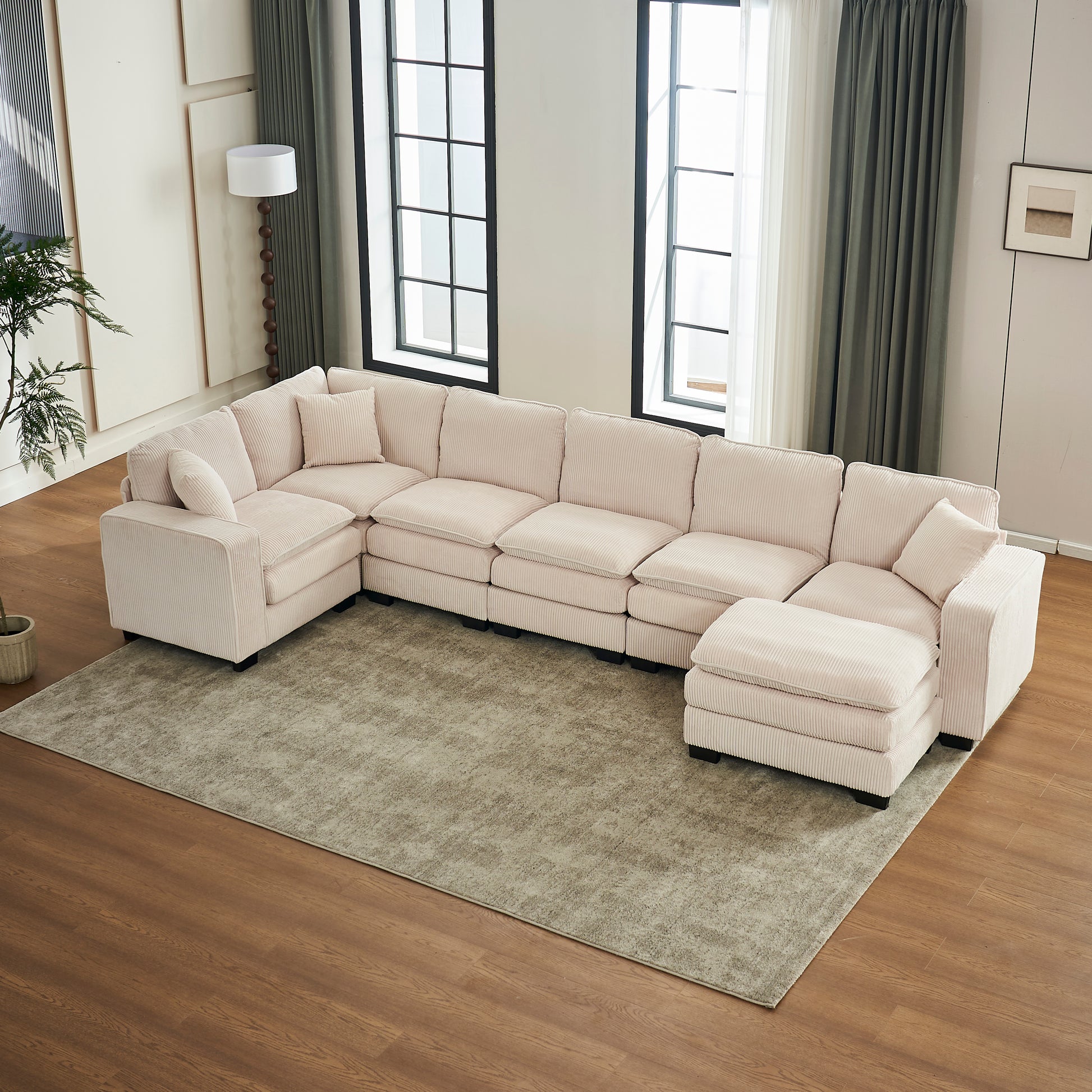 Modern U Shaped 6 Seat Sectional Sofa Couch With One Ottoman And Three Toss Pillows ,Modular Sofa For Living Room,Corduroy Sofa White Corduroy 7 Seat