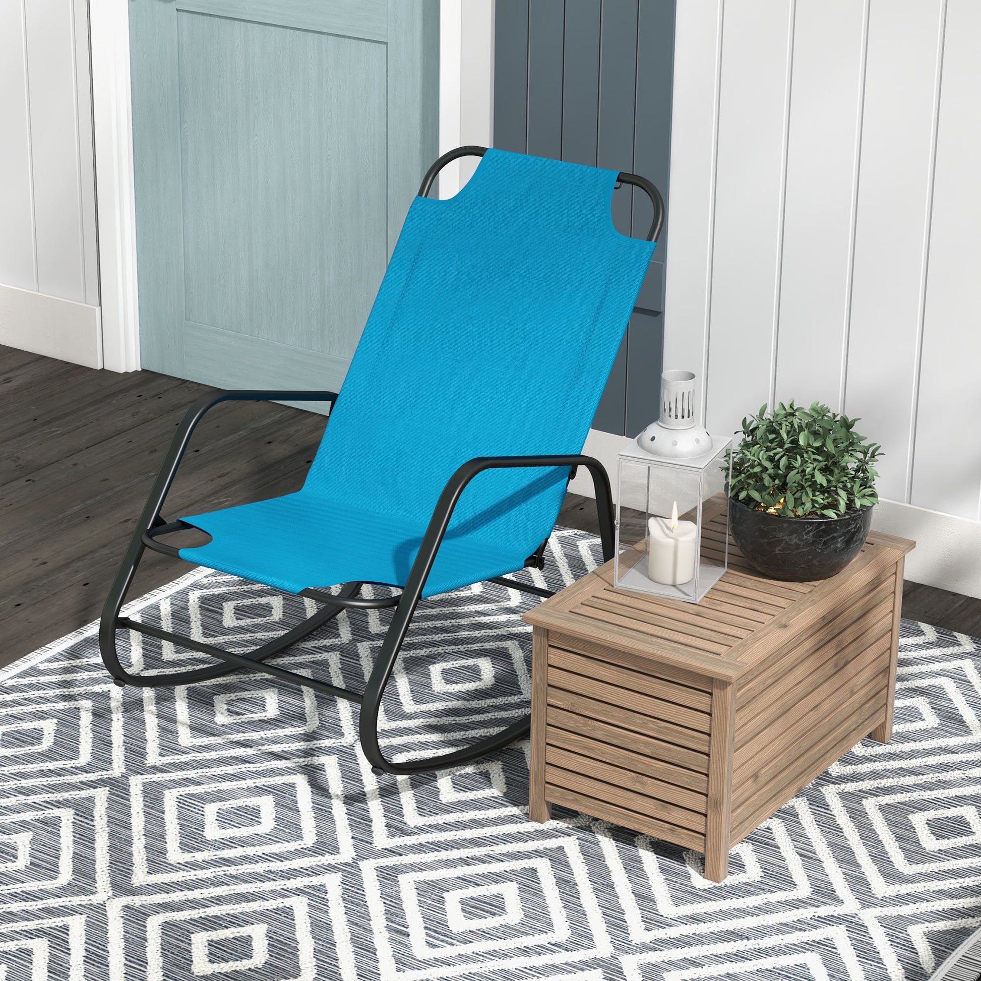 Outsunny Garden Rocking Chair, Outdoor Indoor Sling Fabric Rocker For Patio, Balcony, Porch, Light Blue Light Blue Steel
