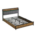 King Size Bed Frame, Storage Headboard With Charging Station And 4 Storage Drawers,Led Lightsbrown And And Gray Black Brown Grey Mdf Metal
