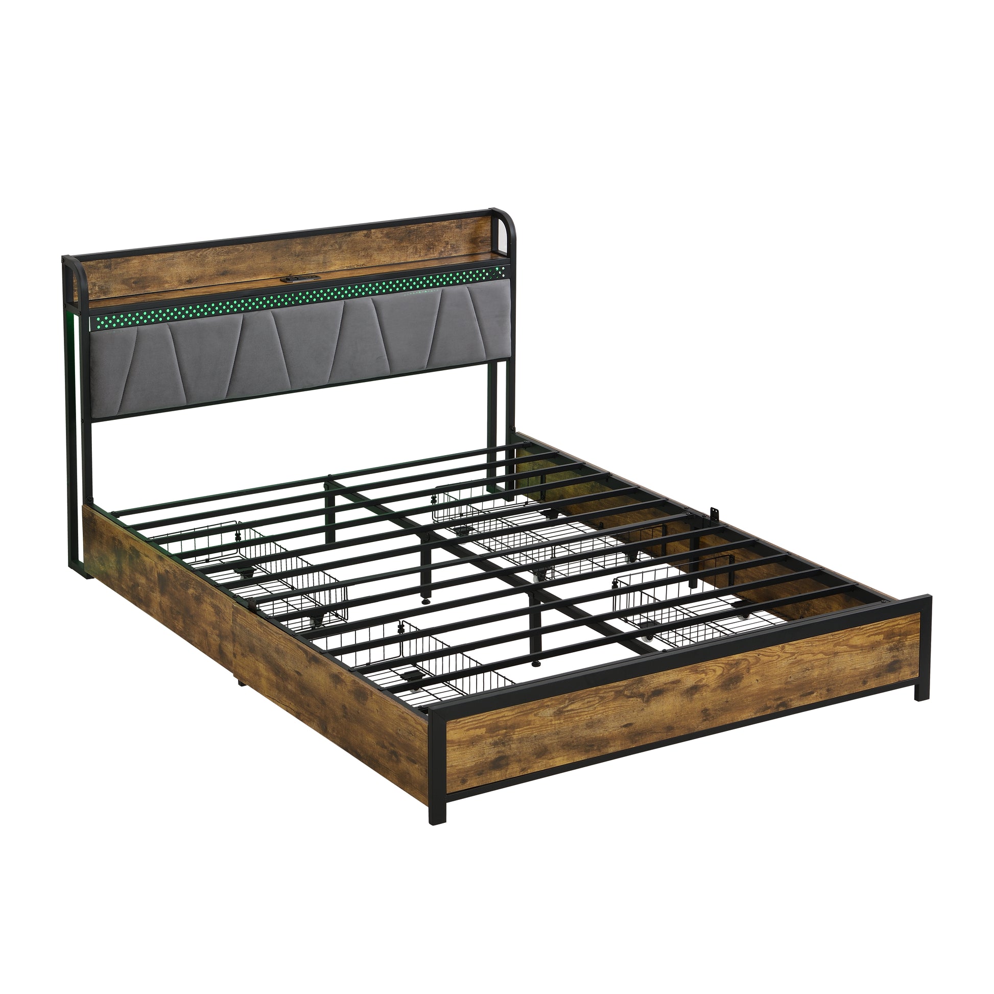 King Size Bed Frame, Storage Headboard With Charging Station And 4 Storage Drawers,Led Lightsbrown And And Gray Black Brown Grey Mdf Metal