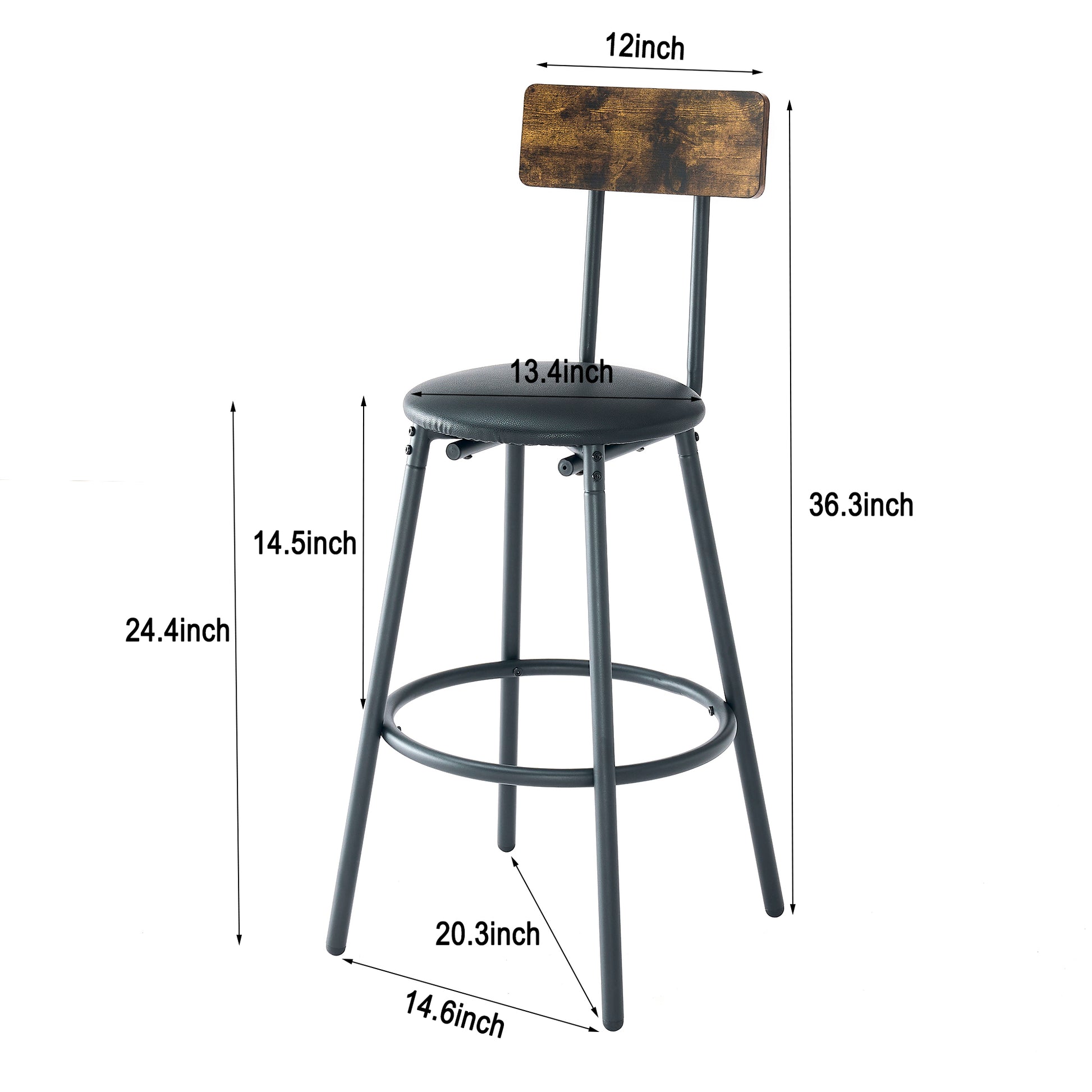 Round Bar Table And Stool Set With Shelf, Upholstered Stool With Backrest, Rustic Brown, 24.17"W X 24.17"D X 36.02"H Upholstered Chair Wood Antique Brown Seats 2 Metal Dining Room Antique 4 Leg Round Dining Table With Chair Metal & Wood