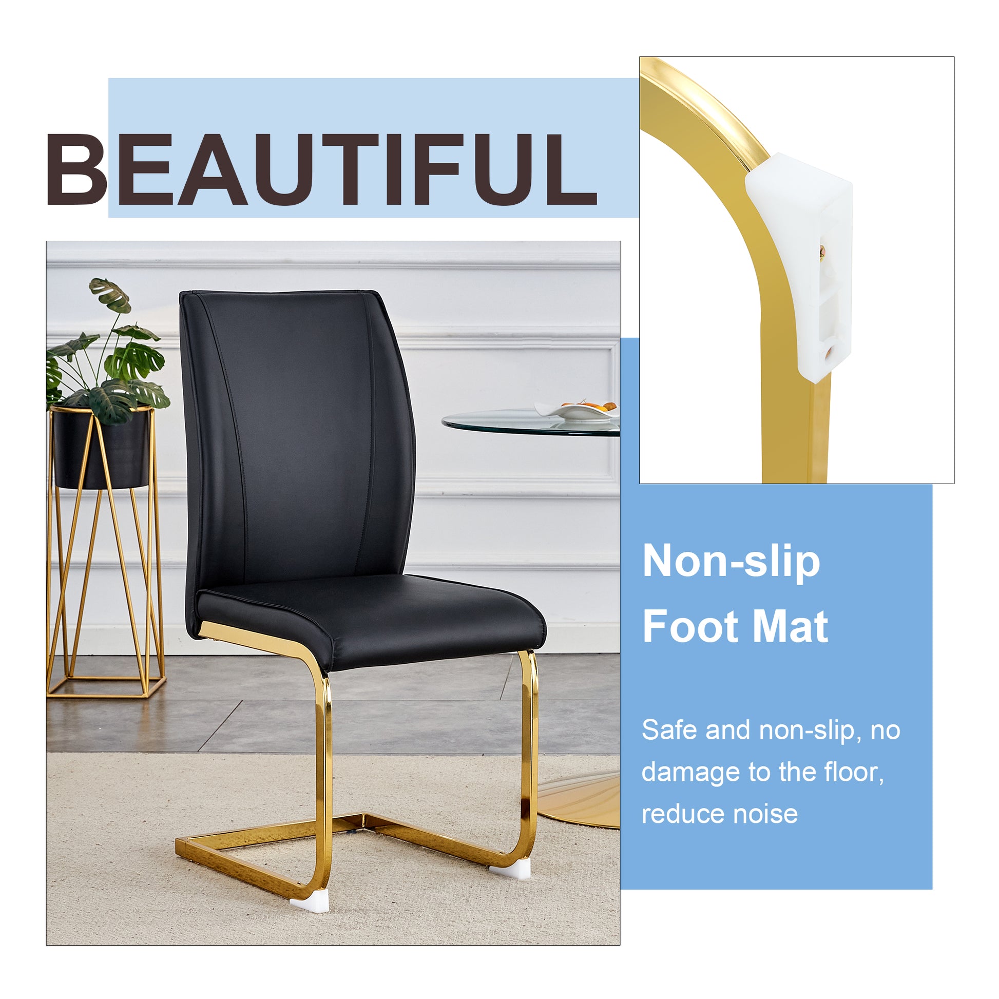 Luxury Simple Arch Chair Set Of 2 Black Pu Material High Resilience Dining Chair With Arched Metal Gold Leg. Black Gold Set Of 2 Metal,Pu