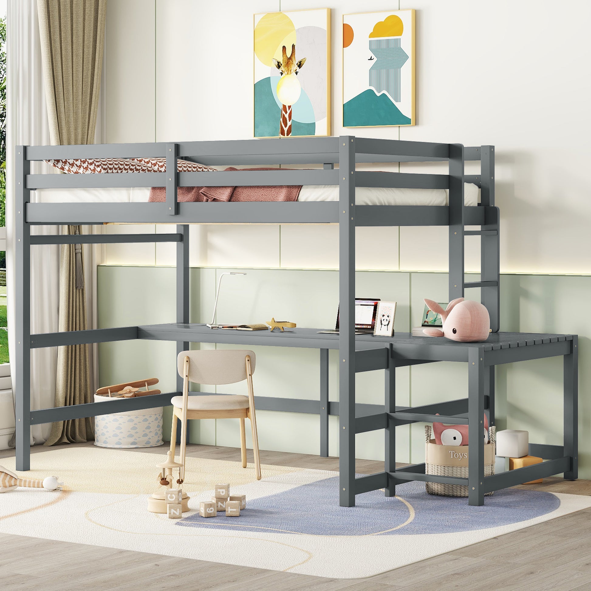 Full Size High Loft Bed With Built In Desk, Ladder Platform, Ladders, Guardrails ,Grey Full Grey Bedroom American Design Pine