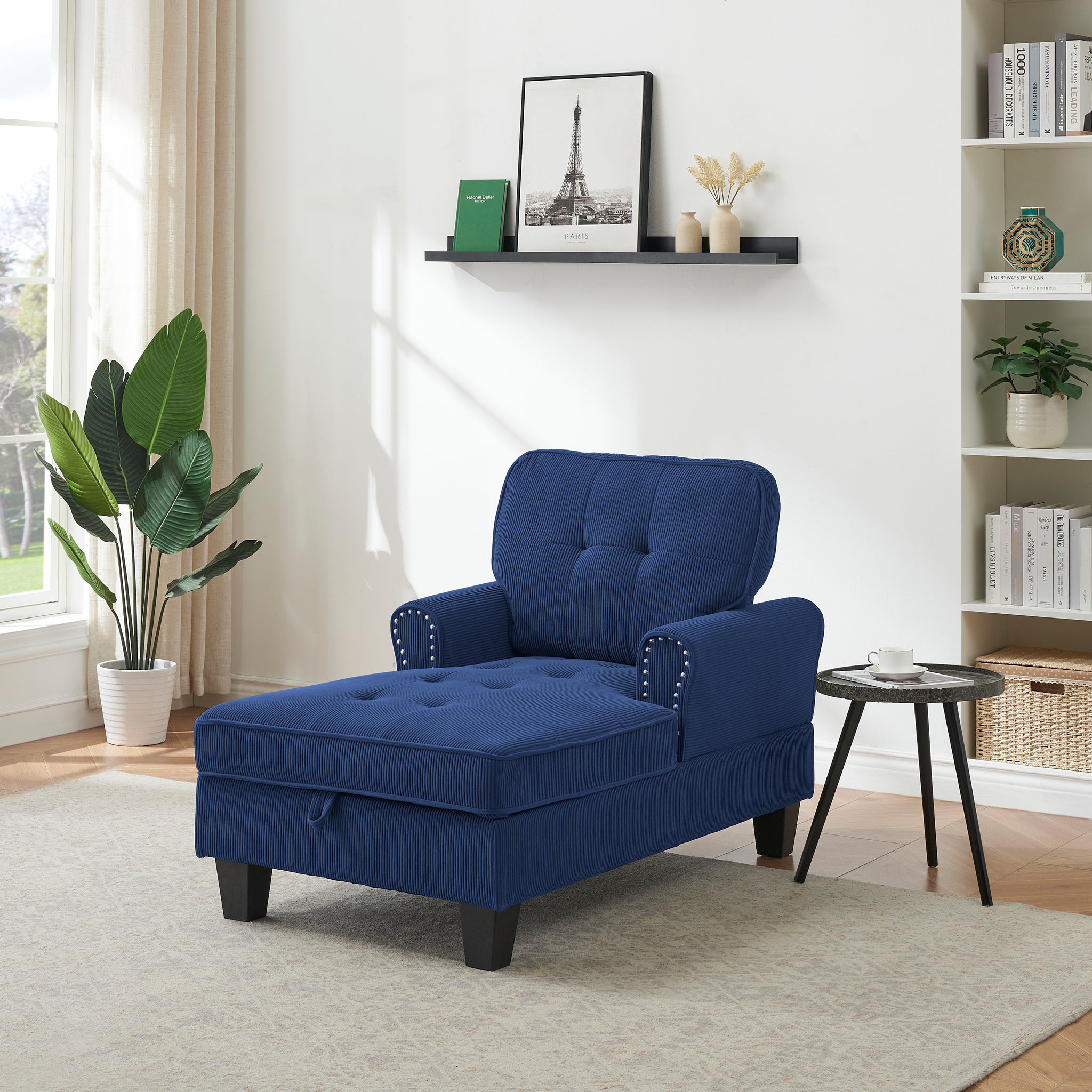 Chaise Lounge Indoor Sleeper Sofa Bed Chair Upholstered Lounge Chair For Bedroom Living Room With Rivets Blue Blue Corduroy