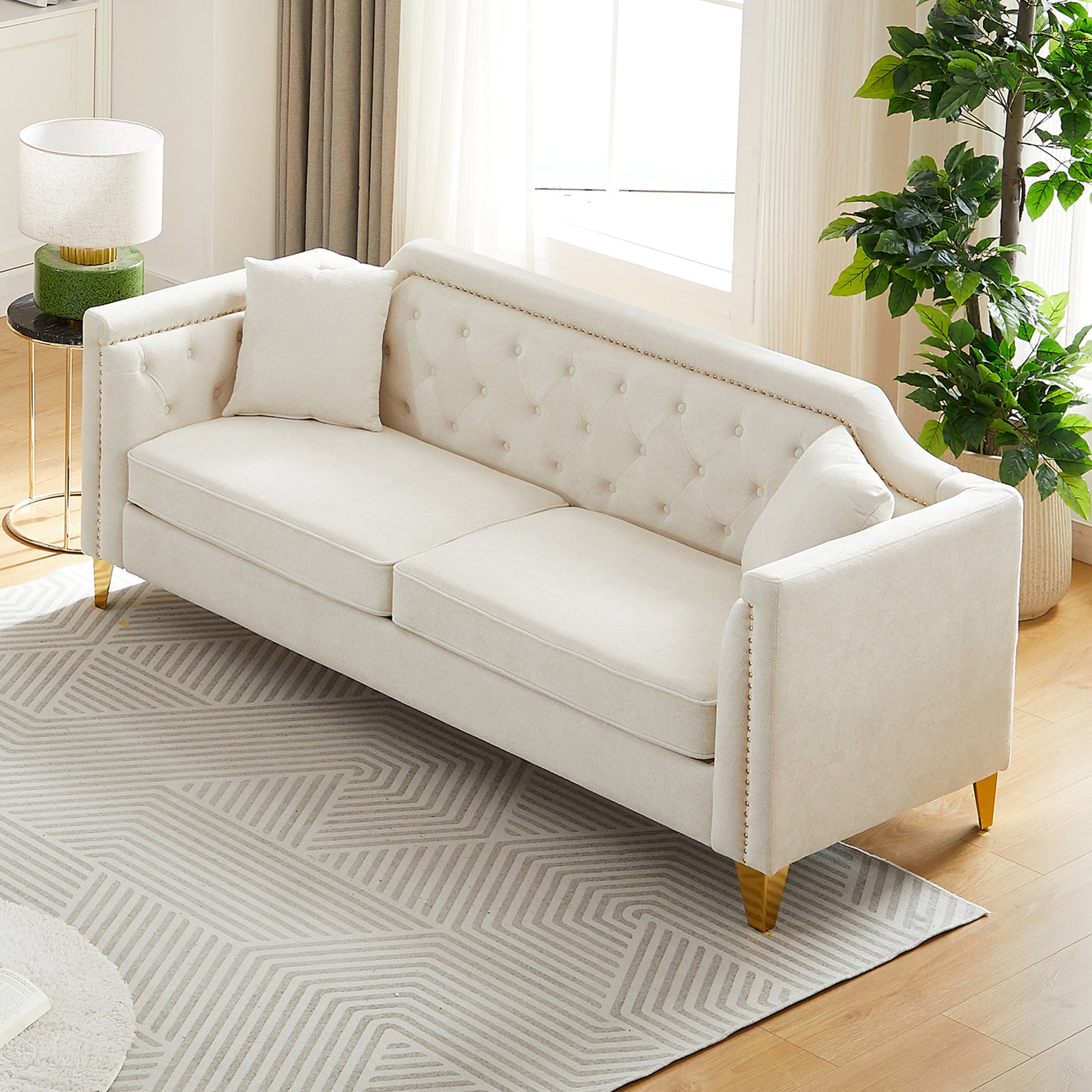Fx 81"Mid Century Design Modern Sofa,Chenille Pull Buckle Design Sofa For Living Room,Buttons Tufted With Copper Nail Decoration Armrest, With 2 Pillows,Modern Couch Upholstered Button And Metal Leg Beige Chenille Pine Foam Fabric 3 Seat