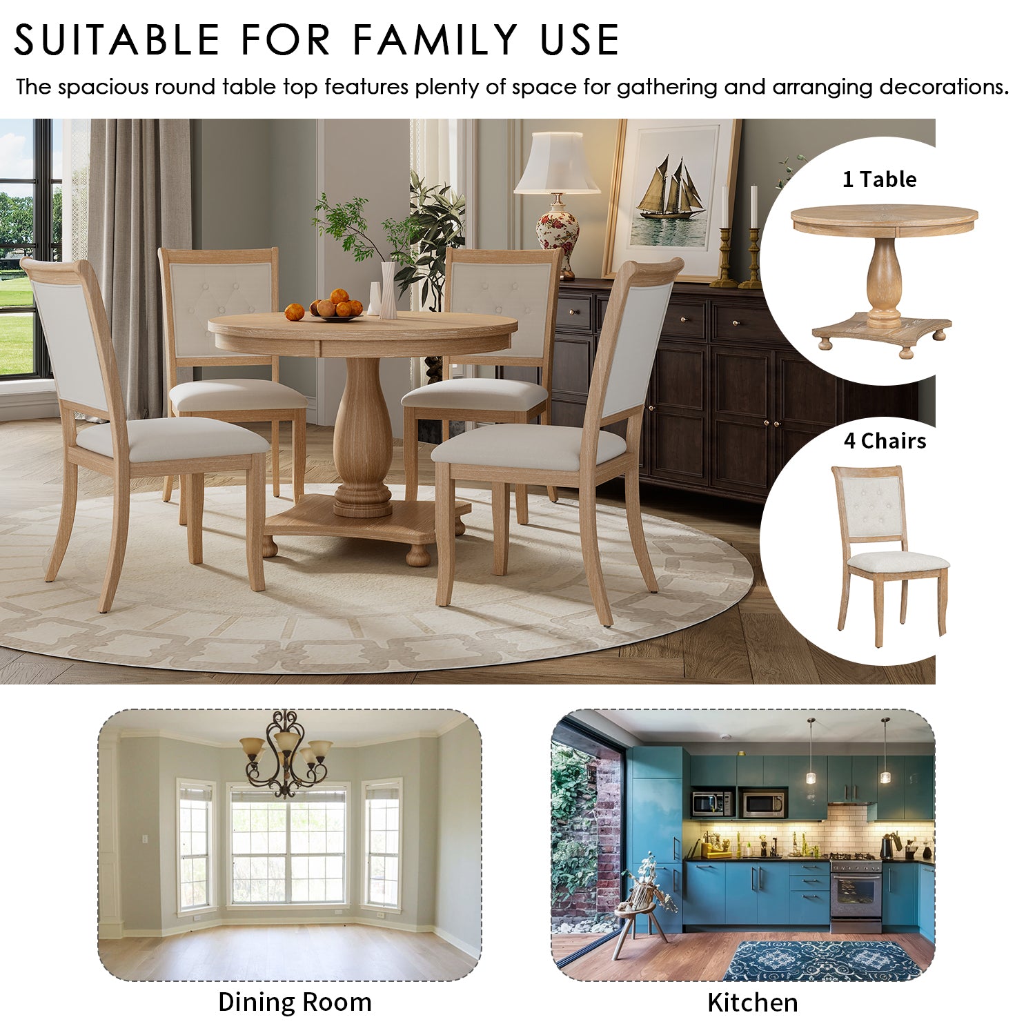 5 Piece Retro Dining Set, Round Table With Pedestal Table Base And 4 Upholstered Chairs For Dining Room And Kitchen Natural Wood Wash Natural Wood Wash Solid Wood Mdf