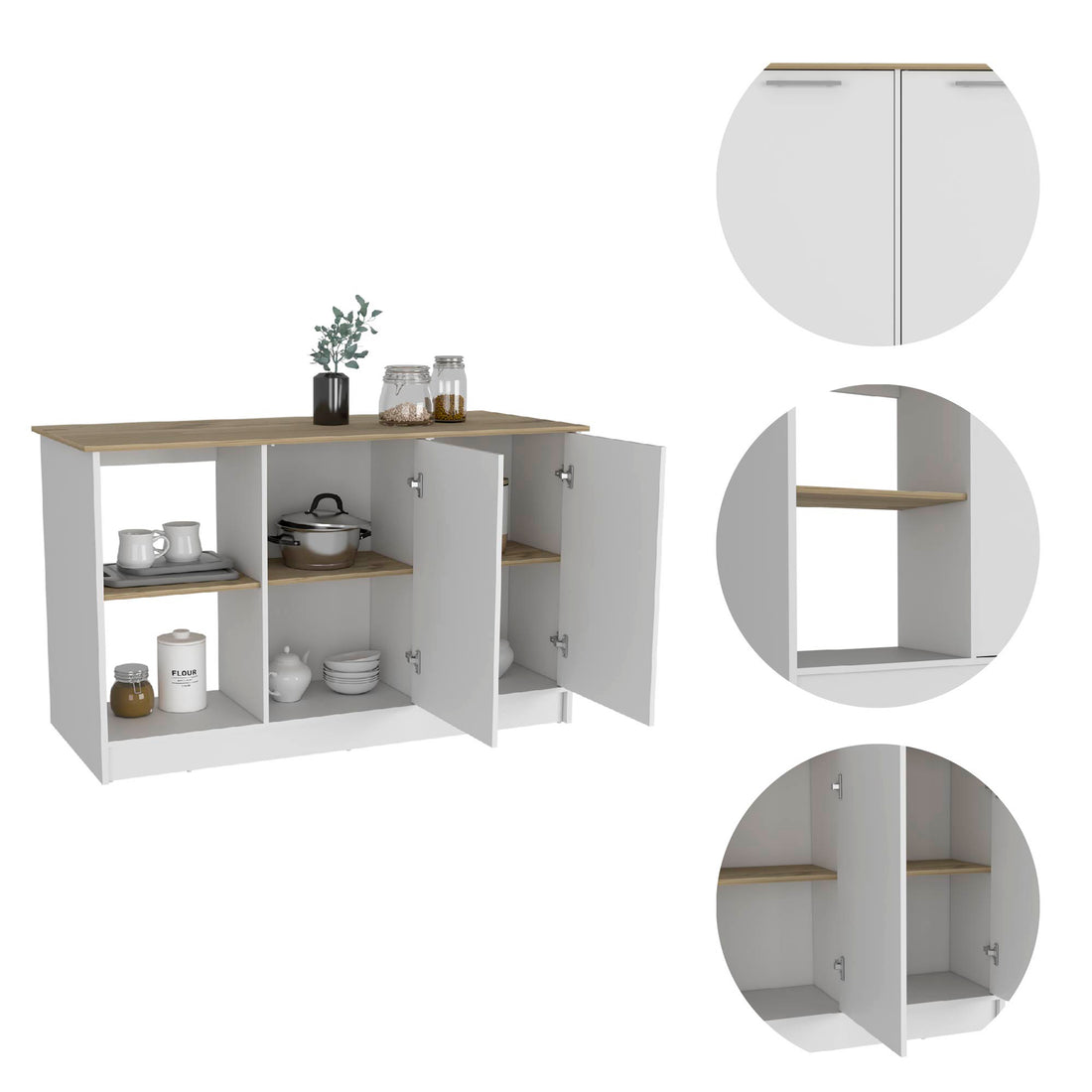 Kitchen Island With Large Countertop, Open Storage Shelves And Double Door Cabinet, White Light Oak White Solid Wood Mdf Engineered Wood