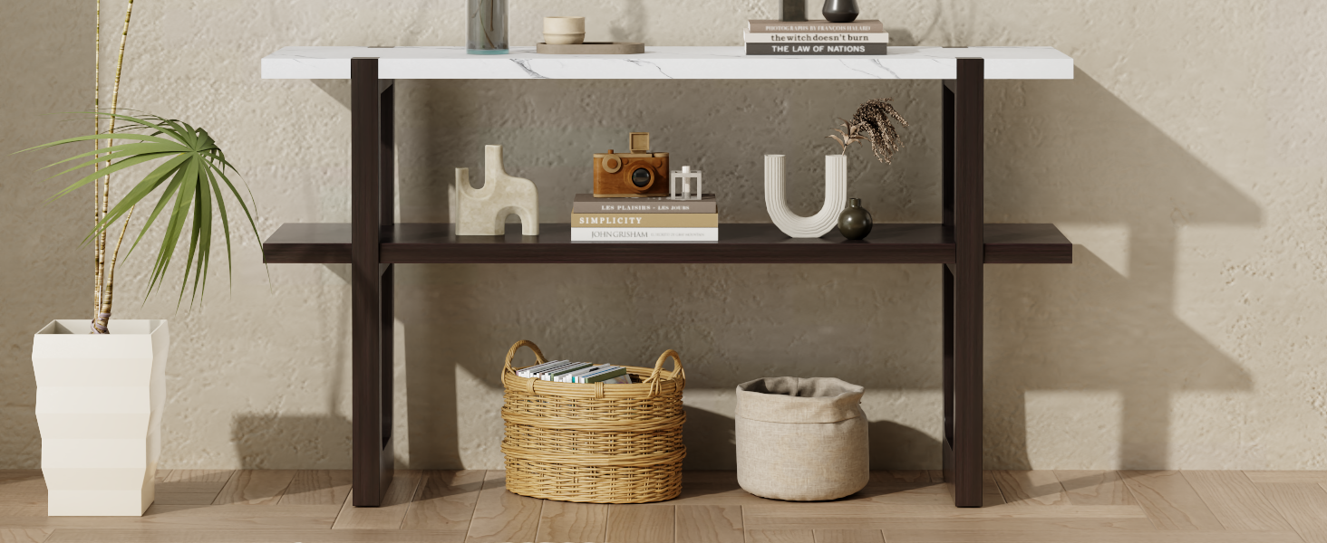 Retro Elegant Console Table With Marble Effect Top And Versatile Storage Solutions For Entryway And Living Room Espresso Espresso Solid Wood Mdf