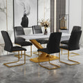 Table And Chair Set, The Table Is Equipped With A Marble Patterned Mdf Tabletop And Gold Table Legs.Dining Chairs,Gold Legged Upholstered Chairs Made Of Artificial Leather. Black Gold Seats 6 Mdf