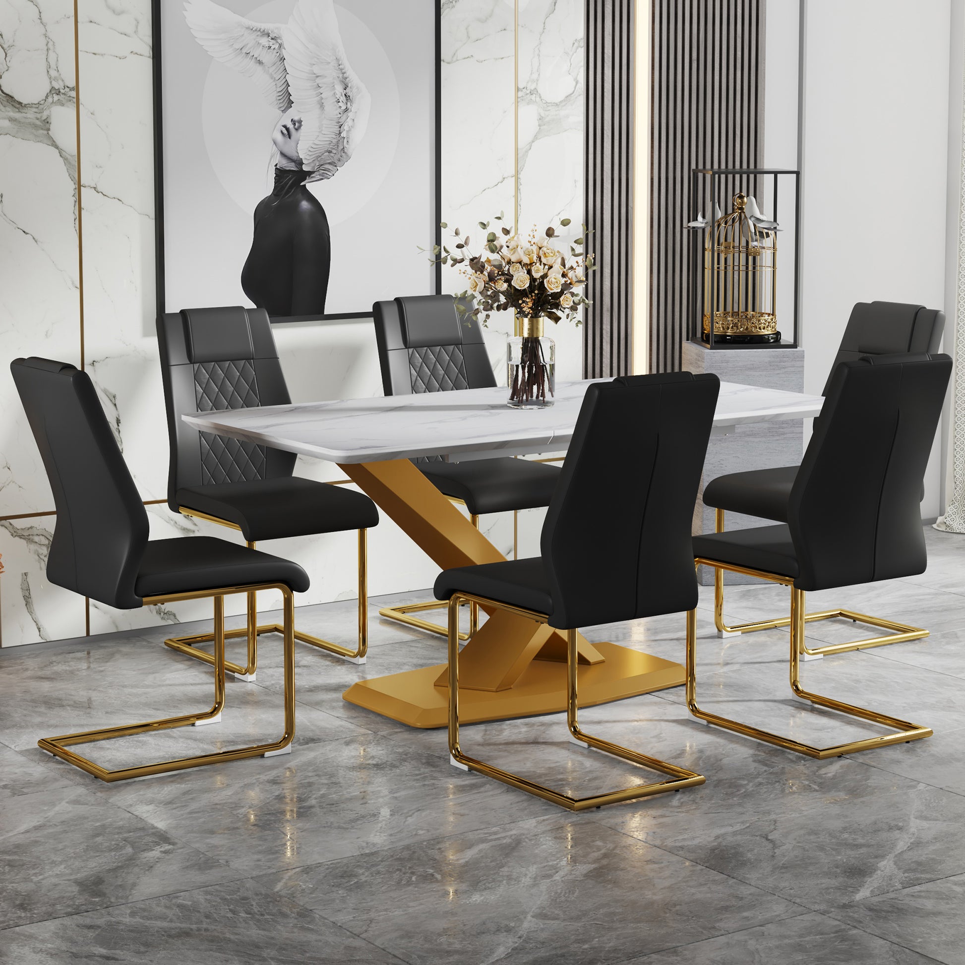 Table And Chair Set, The Table Is Equipped With A Marble Patterned Mdf Tabletop And Gold Table Legs.Dining Chairs,Gold Legged Upholstered Chairs Made Of Artificial Leather. Black Gold Seats 6 Mdf