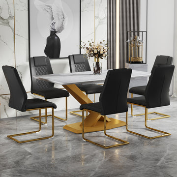 Table And Chair Set, The Table Is Equipped With A Marble Patterned Mdf Tabletop And Gold Table Legs.Dining Chairs,Gold Legged Upholstered Chairs Made Of Artificial Leather. Black Gold Seats 6 Mdf