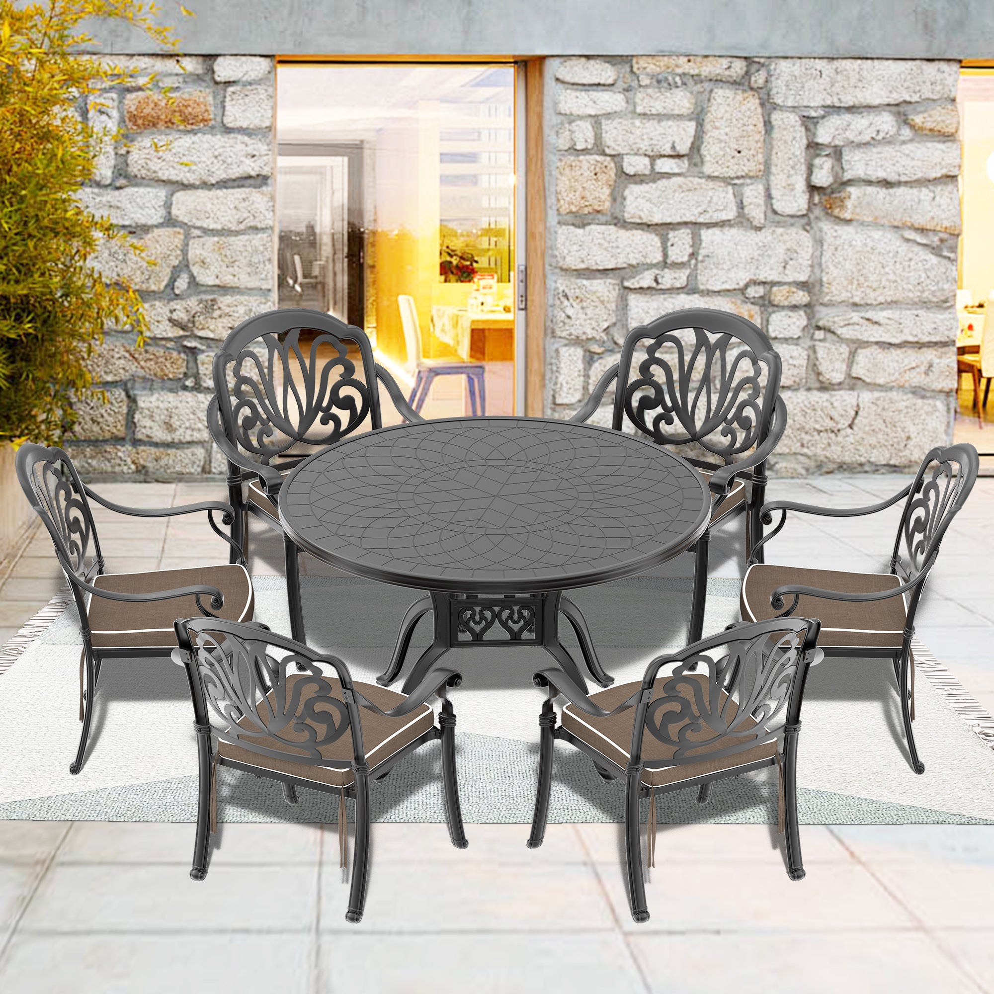 Cushions In Random Colors 7 Piece Set Of Cast Aluminum Patio Furniture With Cushions Yes Dining Set Black Seats 6 Rust Resistant Frame Water Resistant Cushion Garden & Outdoor Complete Patio Sets Aluminium