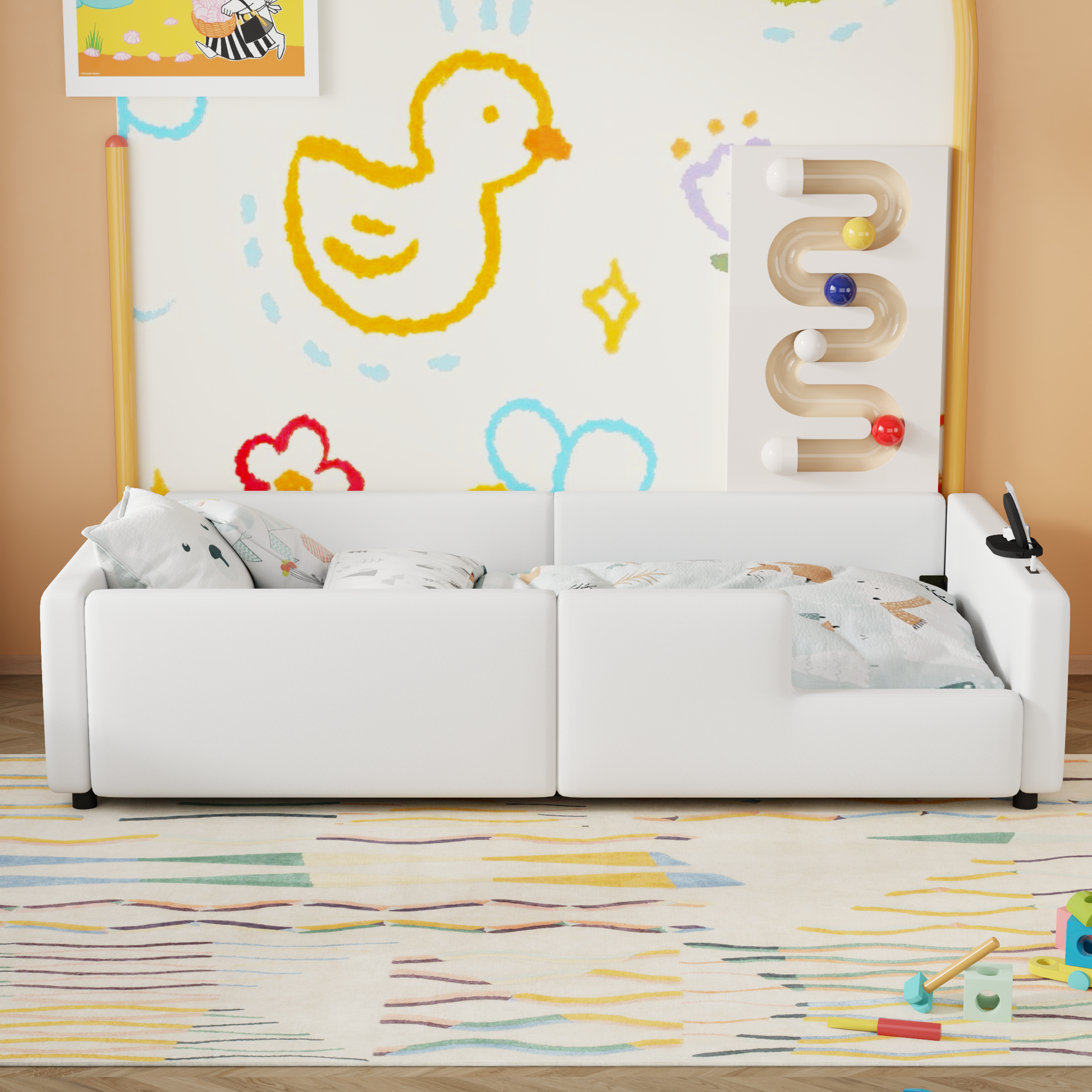 Twin Size Upholstered Platform Bed With Guardrail And Charging Station, White Box Spring Not Required Twin White Upholstered