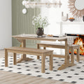 3 Piece Retro Dining Set, Rectangular Trestle Table And 2 Wooden Benches For 4 People For Dining Room And Kitchen Natural Wood Natural Wood Solid Wood Mdf