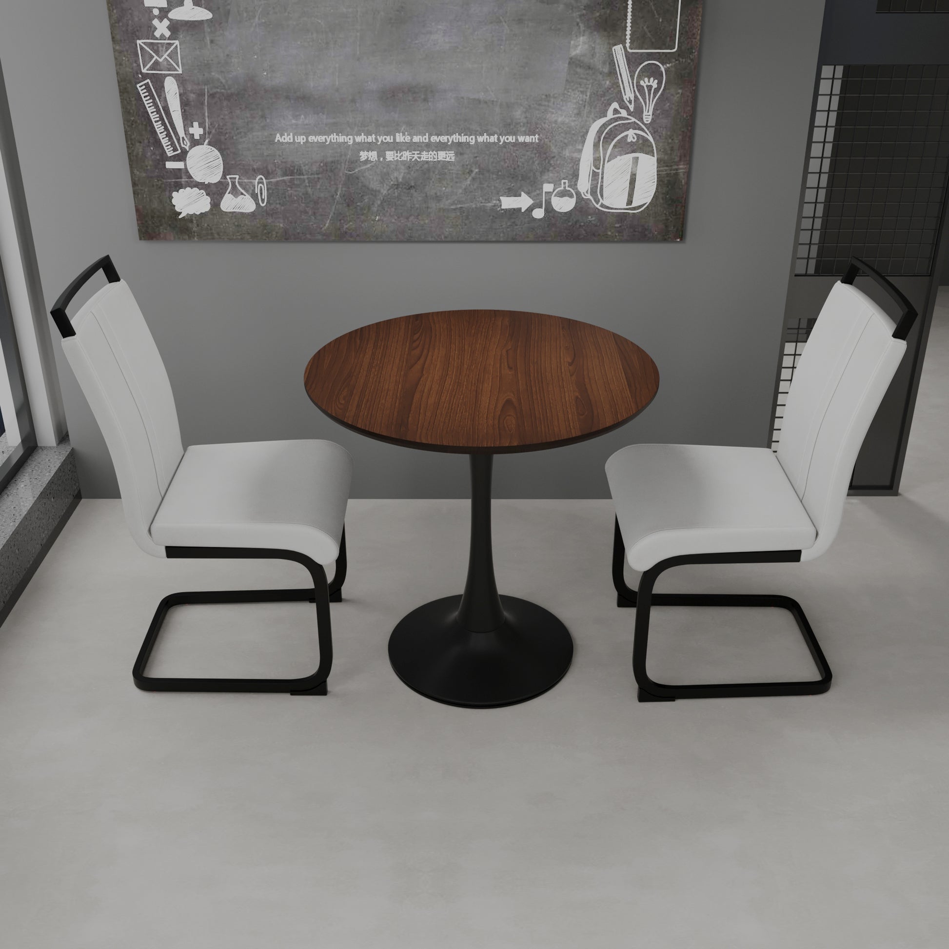 Walnut Circular Dining Table, 31.5 "Tulip Dining Table, Kitchen Dining Table For 2 4 People, Mdf Tabletop And Base, And 2 White Pu Black Metal Leg Dining Chairs Set 2 Walnut Mdf