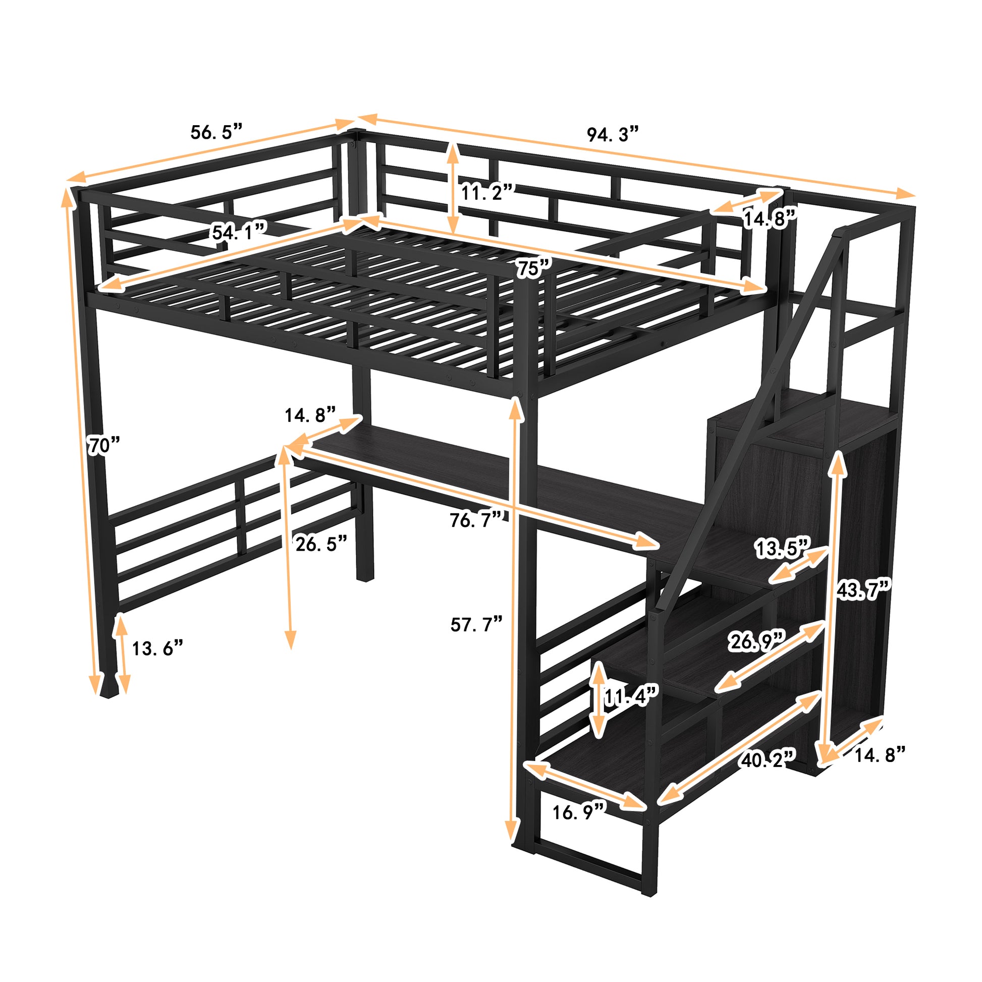 Full Size Metal Loft Bed With Desk, Storage Staircase And Small Wardrobe, Storage Stairs Can Be Installed Left And Right,Black Full Black Metal