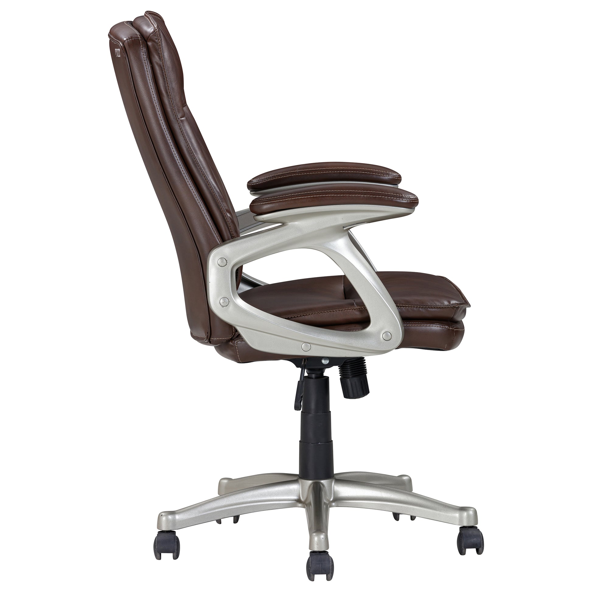 Mid Back Brown Faux Leather Swivel Office Executive Chair, Ergonomic Conference Desk Chair, Brown Silver Caster Plastic Brown,Silver Office Foam Rectangular Contemporary Push Button Office Chairs Solid Back Plywood Adjustable Height Faux Leather