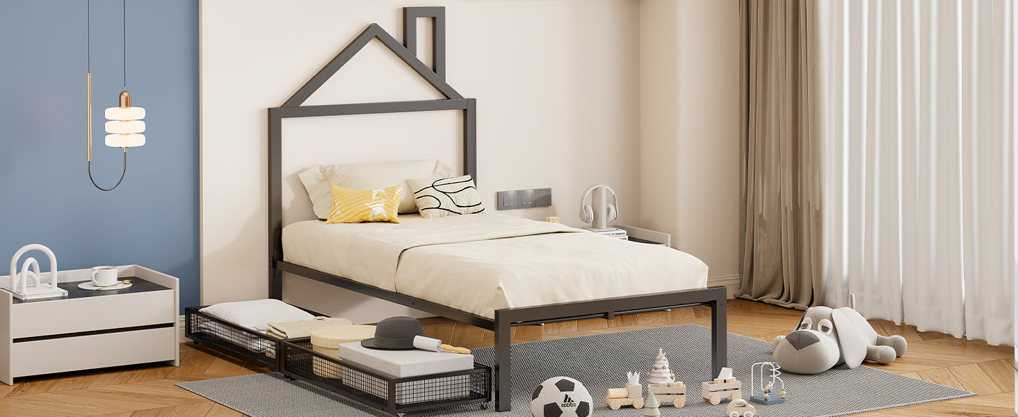 Twin Size Metal Platform Bed With Two Drawers,House Shaped Headboard Design, Black Twin Black Metal