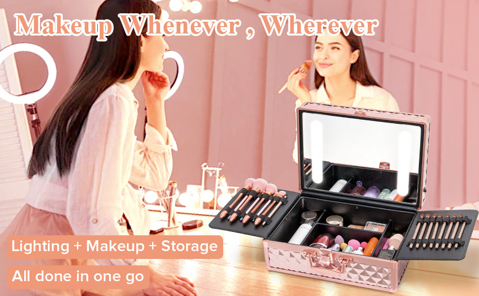 Portable Makeup Case With Led Mirror Travel Makeup Bag Cosmetic Organizer Box With Locks, Brush Holder, Dividers, Rechargeable, Rose Gold Rose Gold Aluminium Alloy