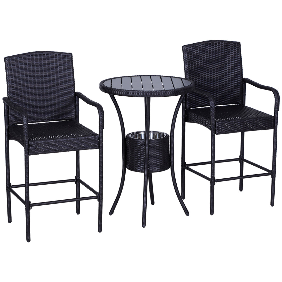 Outsunny Rattan Wicker Bar Set For 3 Pcs With Ice Buckets, Patio Furniture With 1 Bar Table And 2 Bar Stools For Poolside, Backyard, Porches Dark Brown Steel