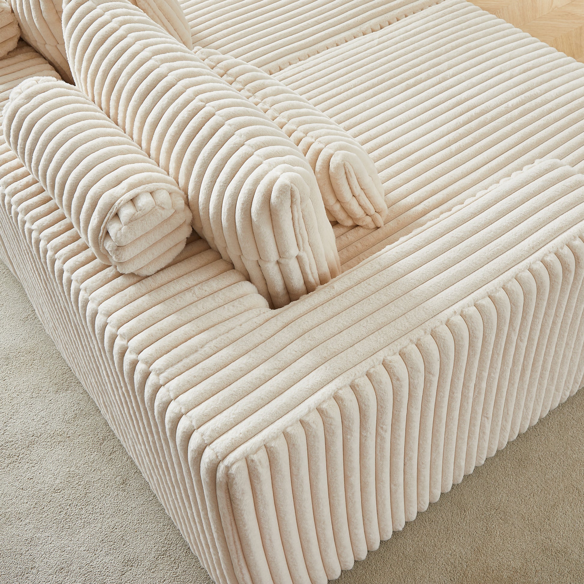 87" Oversized Sectional Lounge Chaise,No Assembly Required,Cloud Plush Loveseat With Reclining Sofa Bed,Fluffy Modern Sleeper Chair For Indoor Living Room Bedroom Beige Corduroy 2 Seat