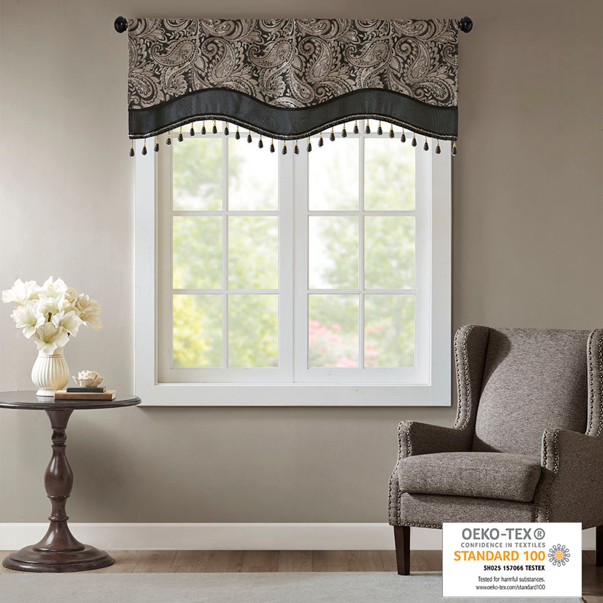 Jacquard Window Rod Pocket Valance With Beads Black 50X18" Black Polyester
