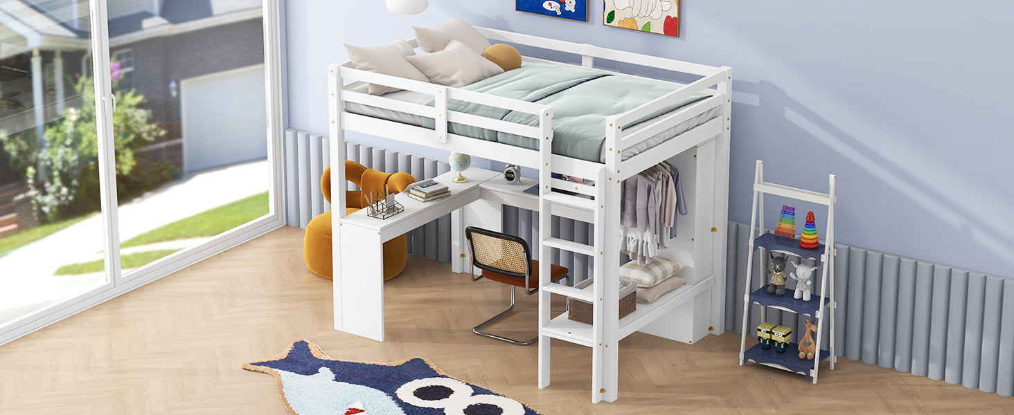 Twin Size Loft Bed With L Shaped Desk, Wardrobe And Storage Shelves, White Expected Arrival Time: 8.31 Box Spring Not Required Twin White Wood Bedroom Solid Wood Mdf