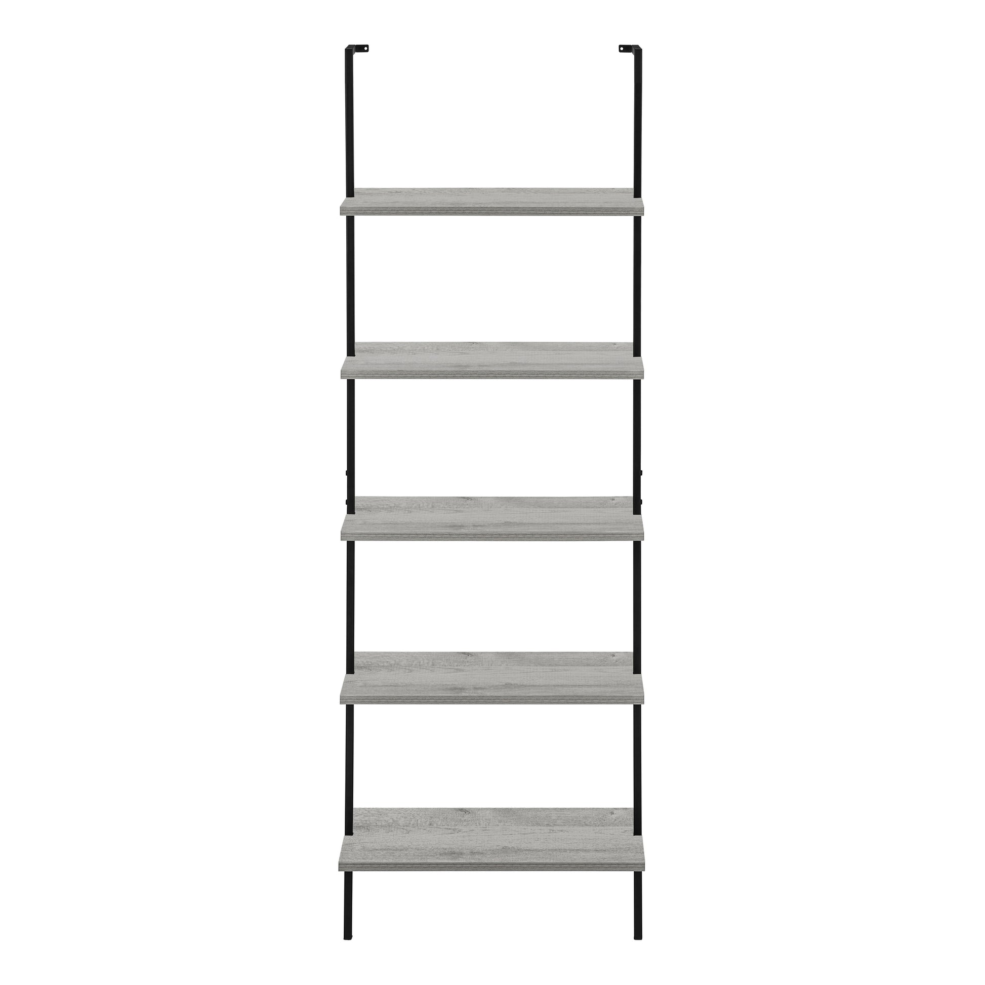 Bookshelf, Bookcase, Etagere, Ladder, 5 Tier, 72"H, Office, Bedroom, Grey Laminate, Black Metal, Contemporary, Modern Grey Metal