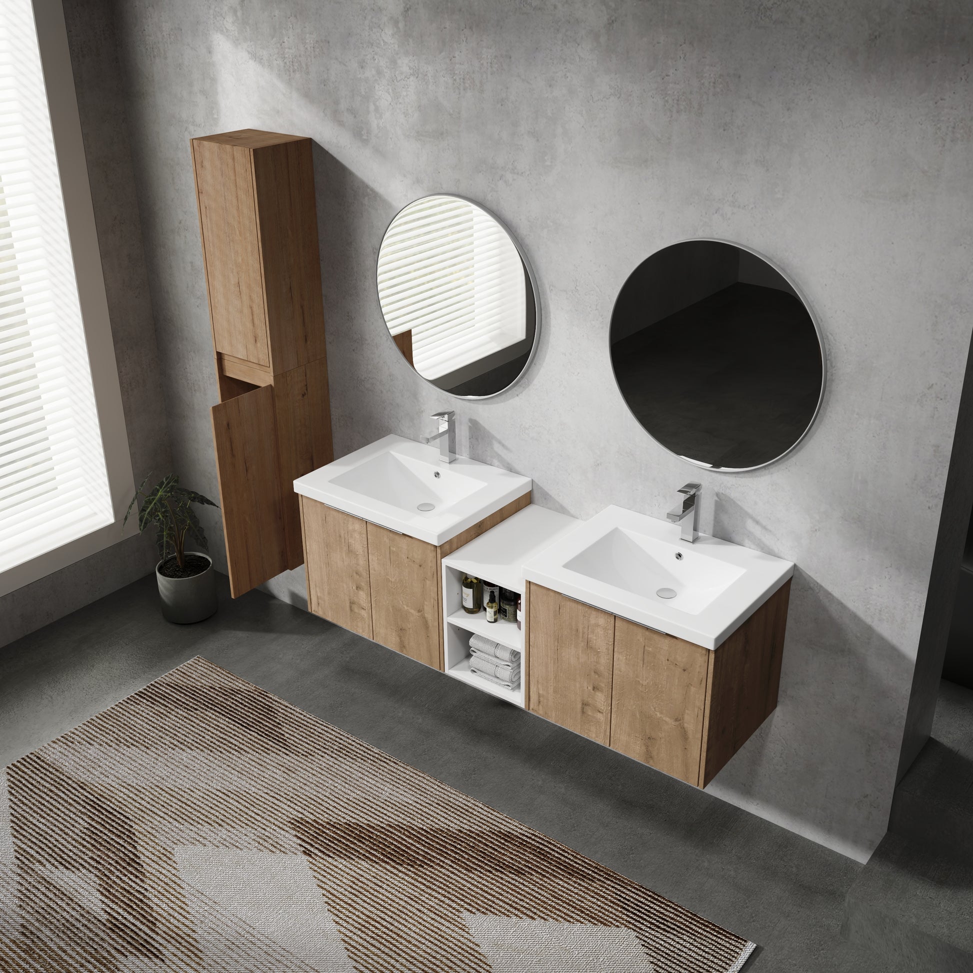 60" Wall Mounted Bathroom Vanity With Sink And Side Cabinet, Soft Close Doors,00112Imox2 0624Imox2 0612Gwh Combination Cabinet Kd Packing Imitative Oak Bathroom Modern Plywood Plywood