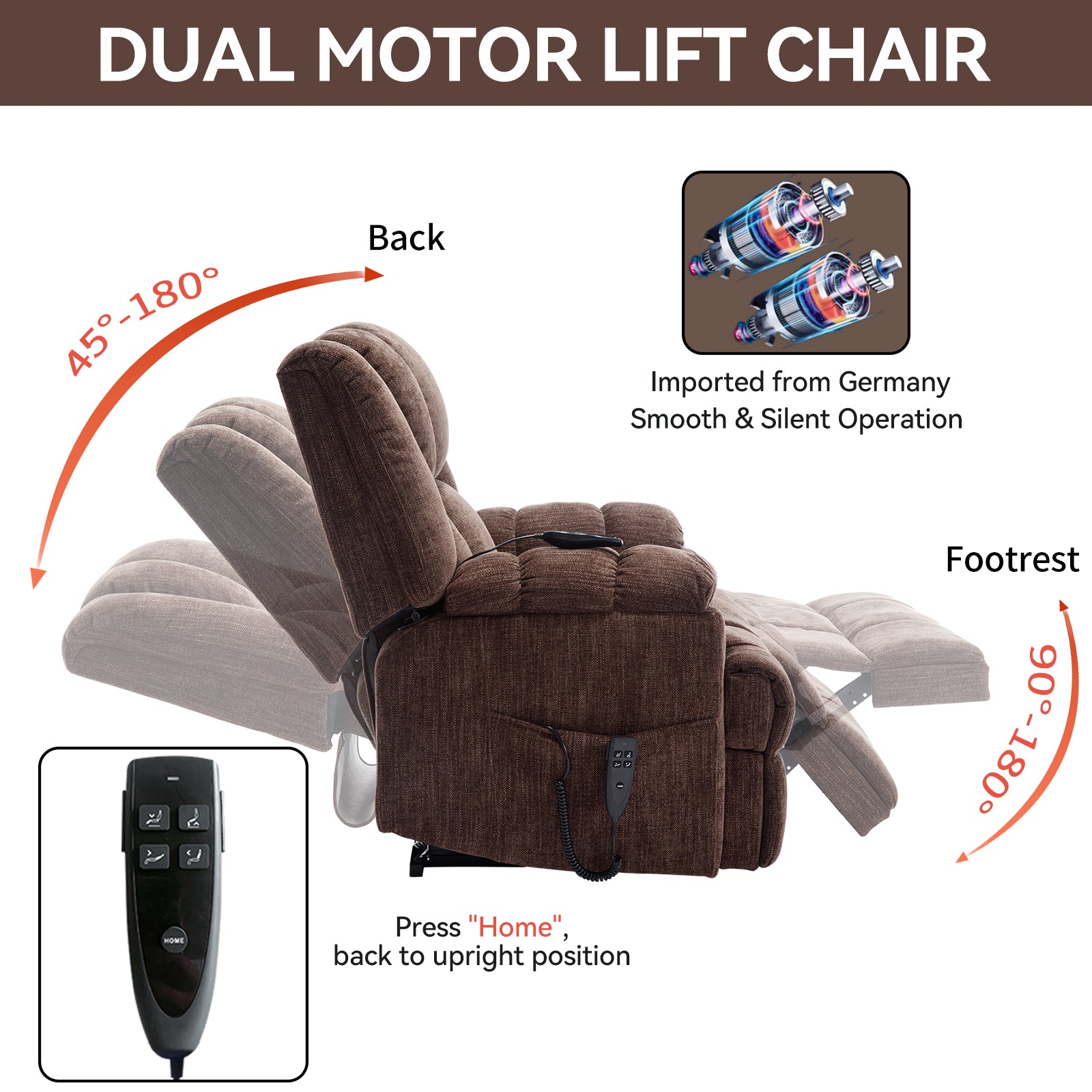 Dual Motor Heat Massage Infinite Position Up To 350 Lbs Electric Power Lift Recliners With Power Remote, Medium Firm And Heavy Duty, Brown White Metal Primary Living Space Heavy Duty Pine Brown Chenille Power Remote Medium Firm Cushion Back American