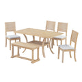 6 Piece Wood Dining Table Set With Storage Shelf And Curved Legs, Kitchen Table Set With Bench And 4 Removable Cushions Dining Chairs, Modern Style, Natural Beige Cushion Wood Dining Room Distressed Finish Rubberwood Rectangular Dining Table With Bench