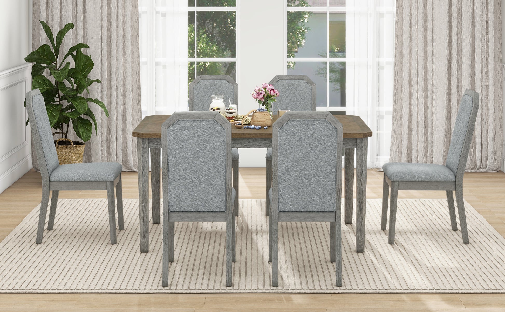 7 Piece Farmhouse Dining Set Classic Rustic Table And 6 High Back Design Chairs For Dining Room, Kitchen Brown Gray Brown Gray Solid Wood Mdf