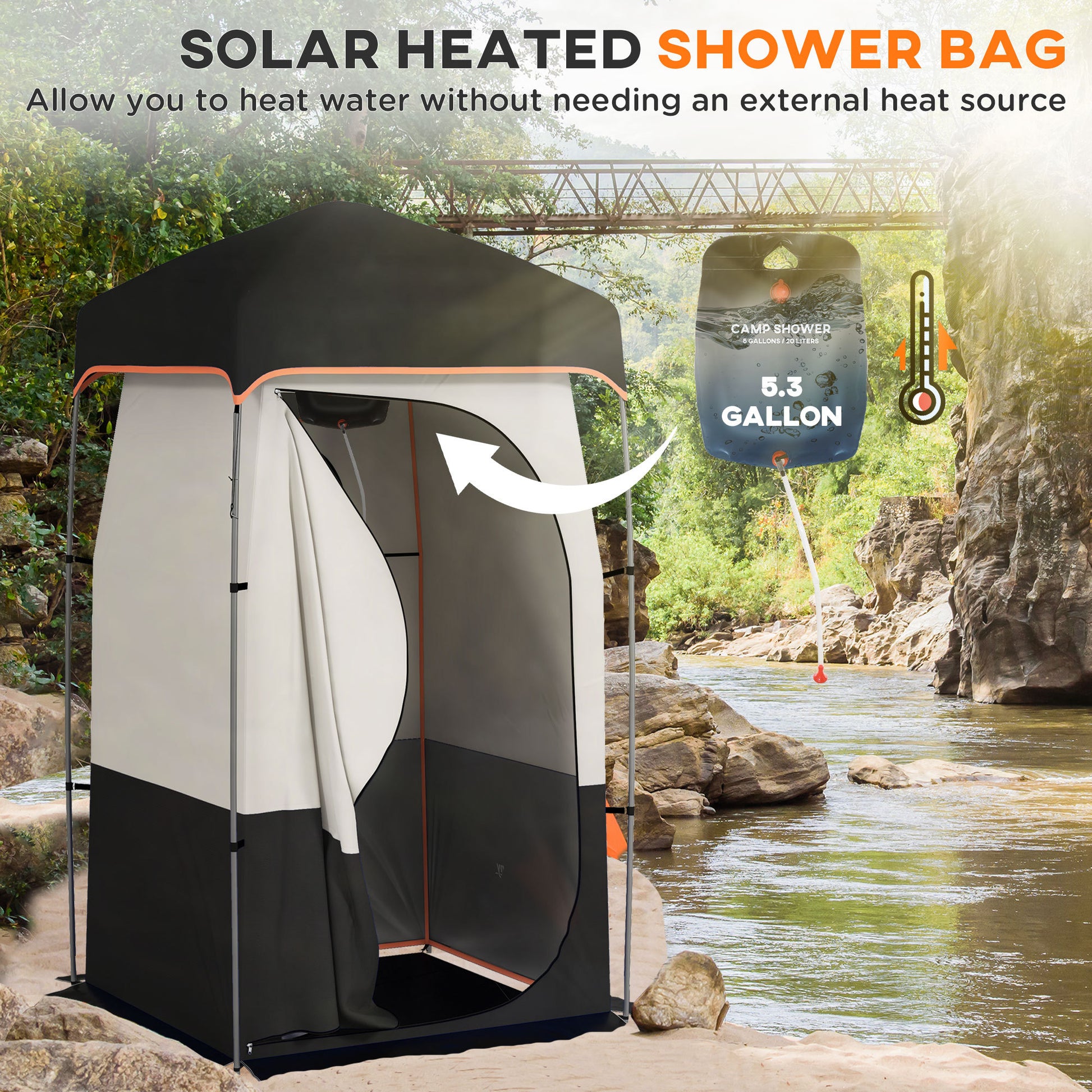 Outsunny Portable Shower Tent, Privacy Shelter, Camping Dressing Changing Tent Room With Solar Shower Bag, Floor And Carrying Bag, Black Black Oxford Fabric
